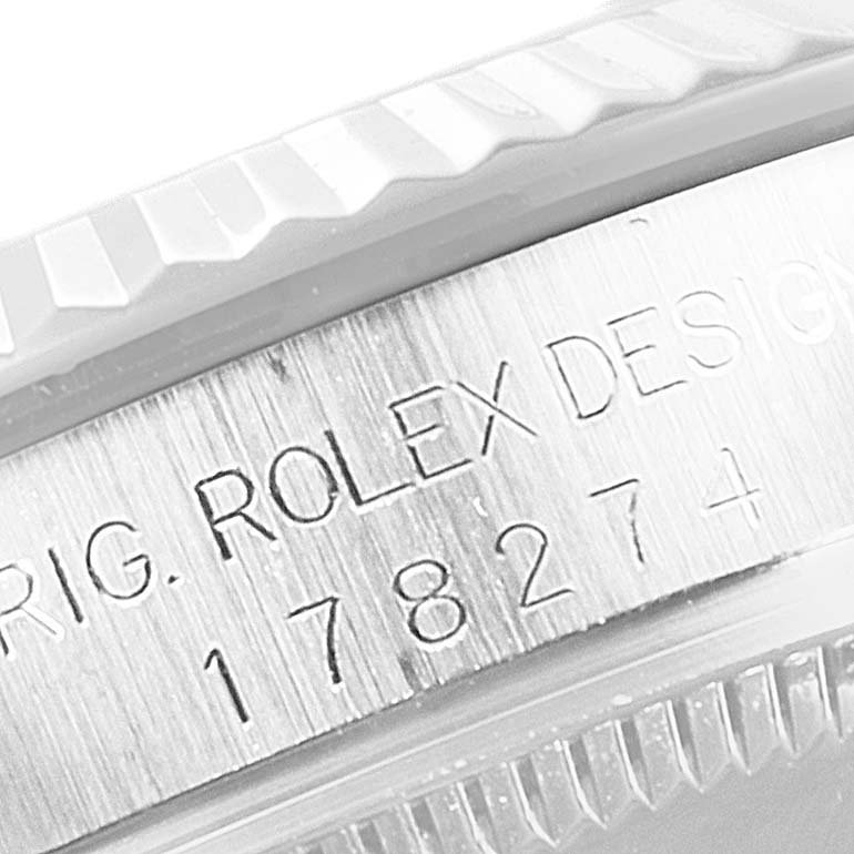 This image shows the engraved model number and design details on the side of a Rolex Mid-Size 178274 Women
s Stainless Steel Mother of Pearl Dial 178274 Women
s Stainless Steel Mother of Pearl Dial watch.