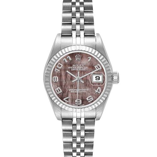 The Rolex Datejust 79174 Women's Stainless Steel Mother of Pearl Dial watch is shown from a top-down angle, displaying the dial, bezel, and bracelet.