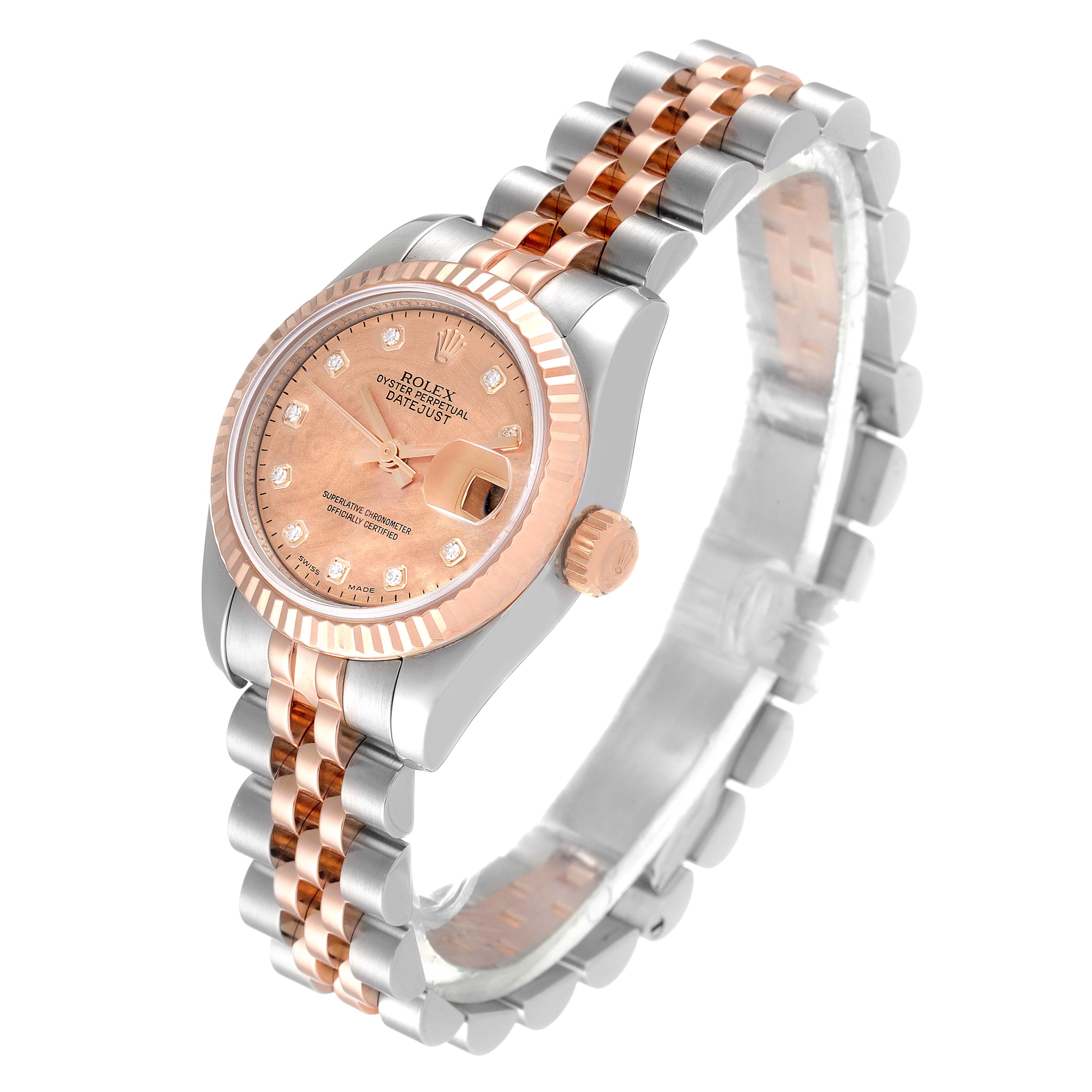 This image shows a Rolex Datejust 179171 Women's Steel and Gold (two tone) Mother of Pearl Dial 179171 Women's Steel and Gold (two tone) Mother of Pearl Dial watch at an angled view, highlighting its two-tone bracelet, face, and crown.