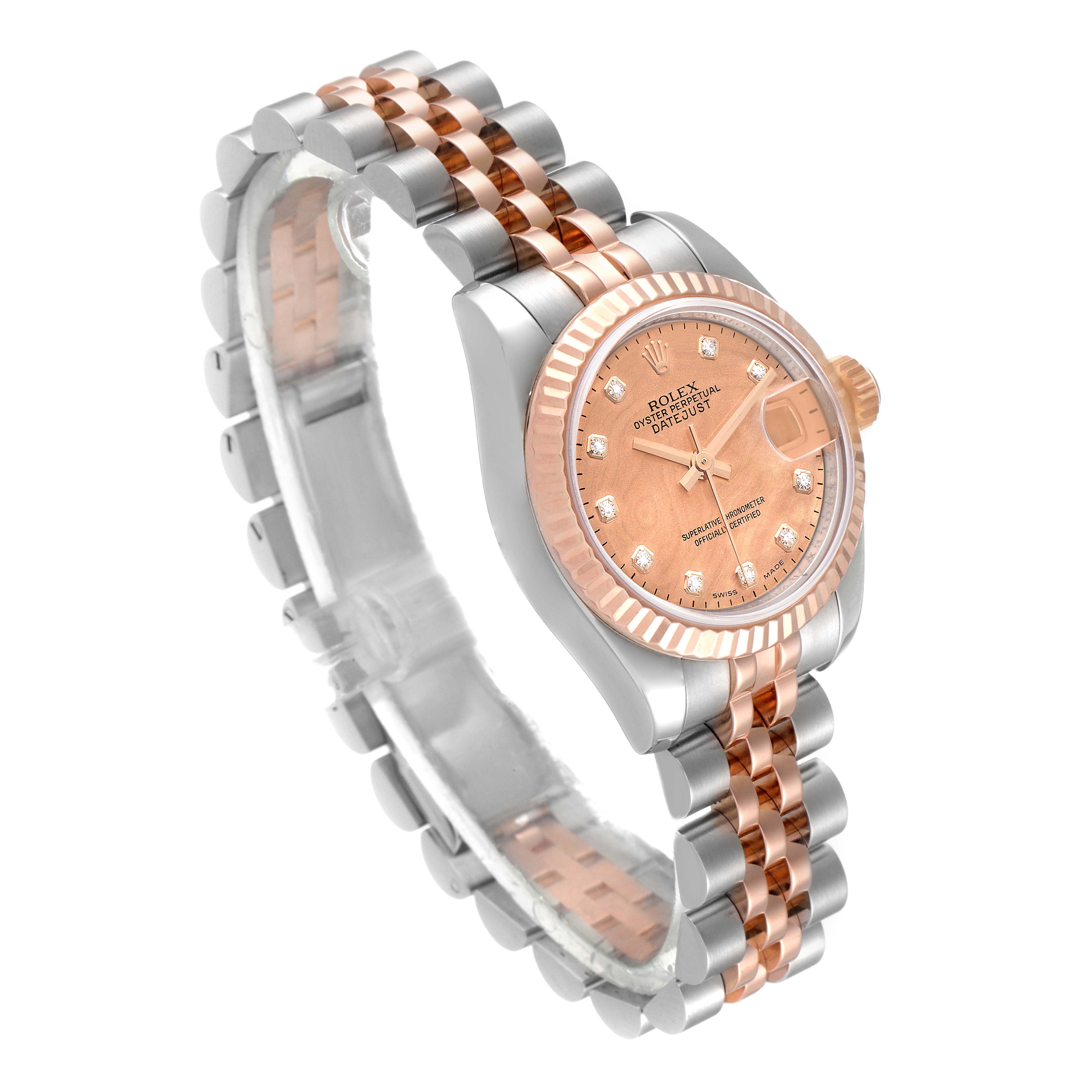 The image shows a Rolex Datejust 179171 Women's Steel and Gold (two tone) Mother of Pearl Dial 179171 Women's Steel and Gold (two tone) Mother of Pearl Dial watch at a three-quarter angle, featuring a two-tone bracelet and a pink dial bezel with diamond hour markers.