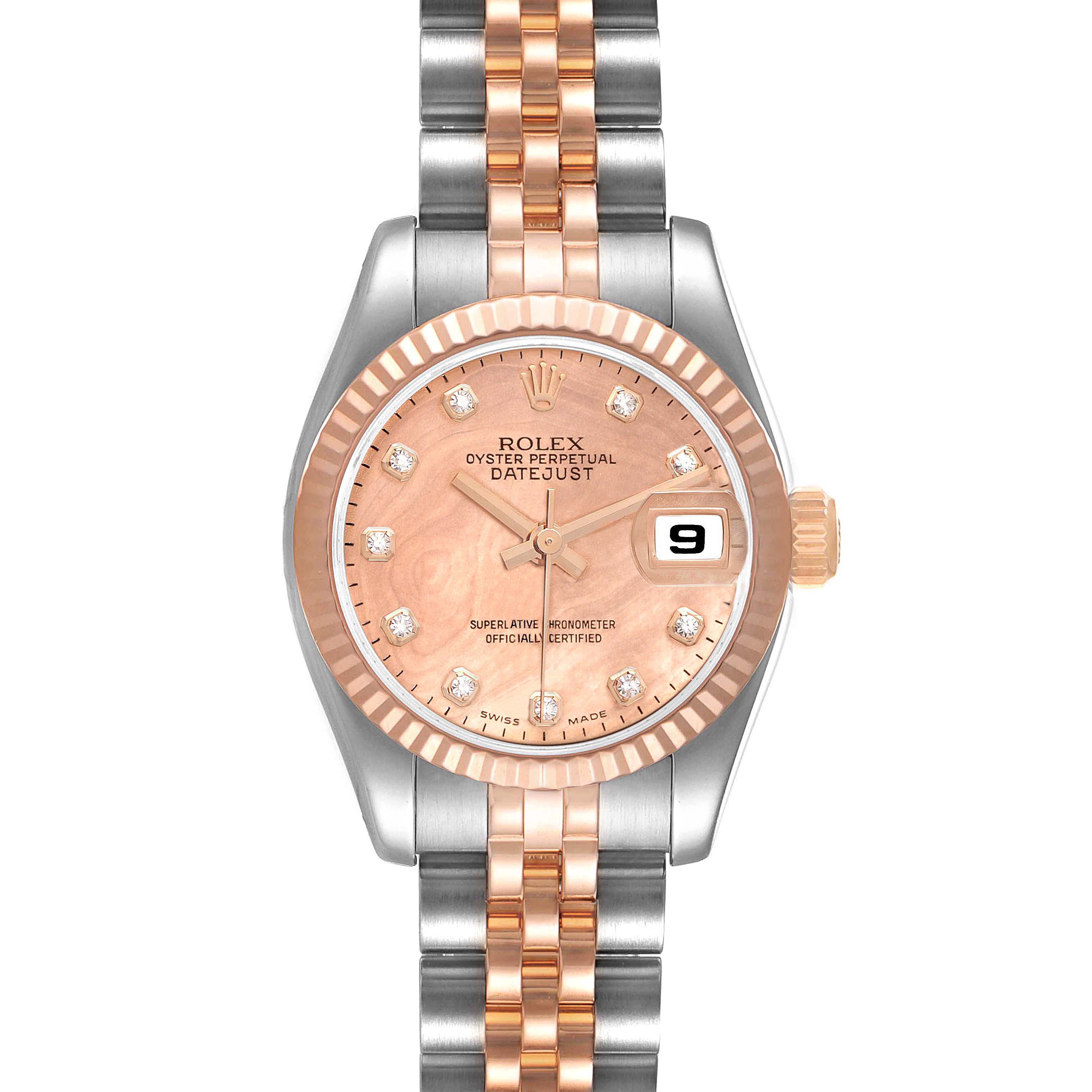 This is a front view of a Rolex Datejust 179171 Women's Steel and Gold (two tone) Mother of Pearl Dial 179171 Women's Steel and Gold (two tone) Mother of Pearl Dial model, showcasing the dial, bezel, case, and two-tone bracelet.