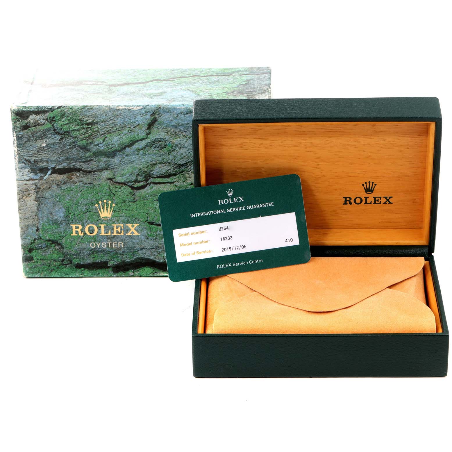 The image shows the box and guarantee card accessories for a Rolex Datejust 16233 Men's Steel and Gold (two tone) White Dial 16233 Men's Steel and Gold (two tone) White Dial watch, with the box partially opened.