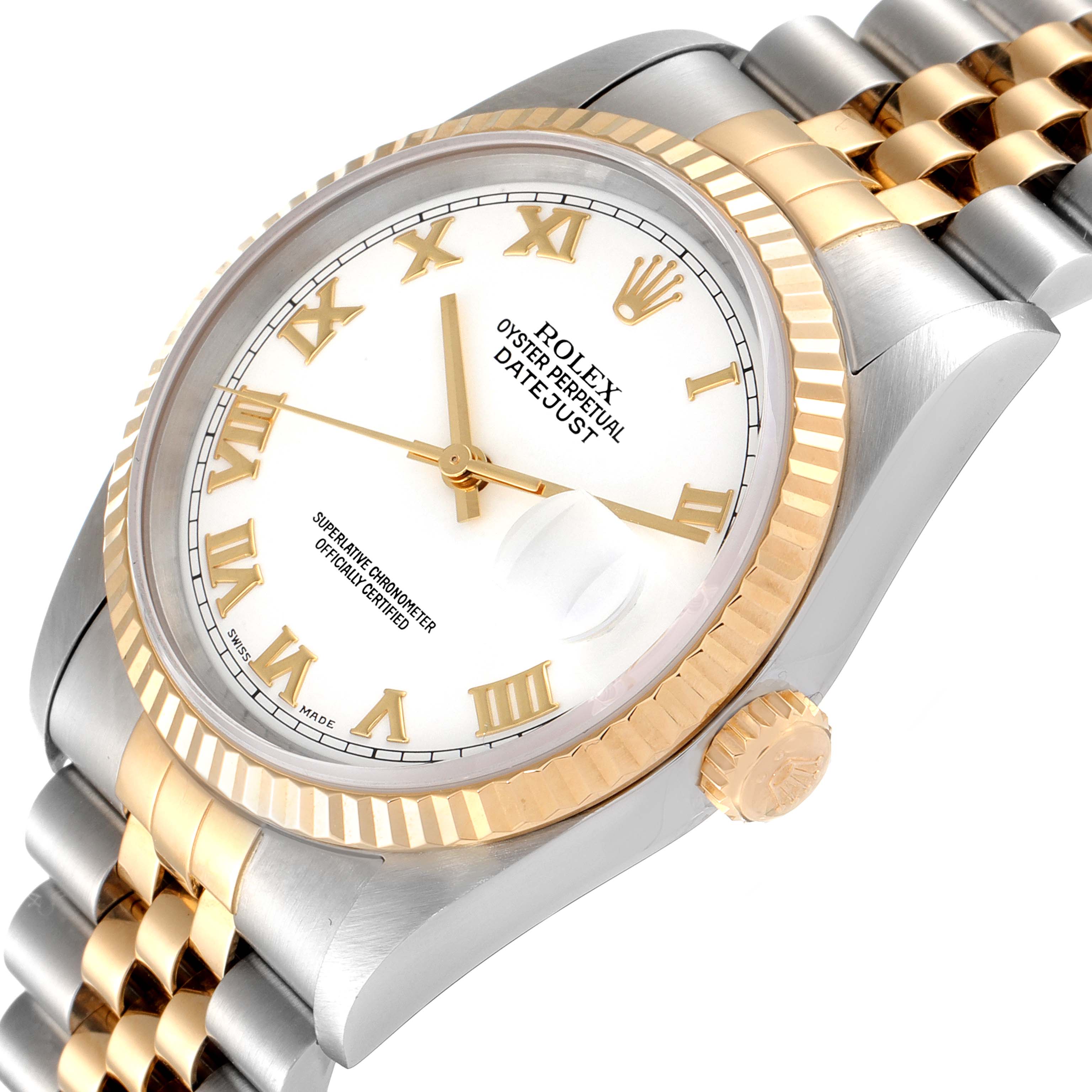 This image shows a Rolex Datejust 16233 Men's Steel and Gold (two tone) White Dial 16233 Men's Steel and Gold (two tone) White Dial watch at an angled view, highlighting the dial, bezel, crown, and part of the bracelet.