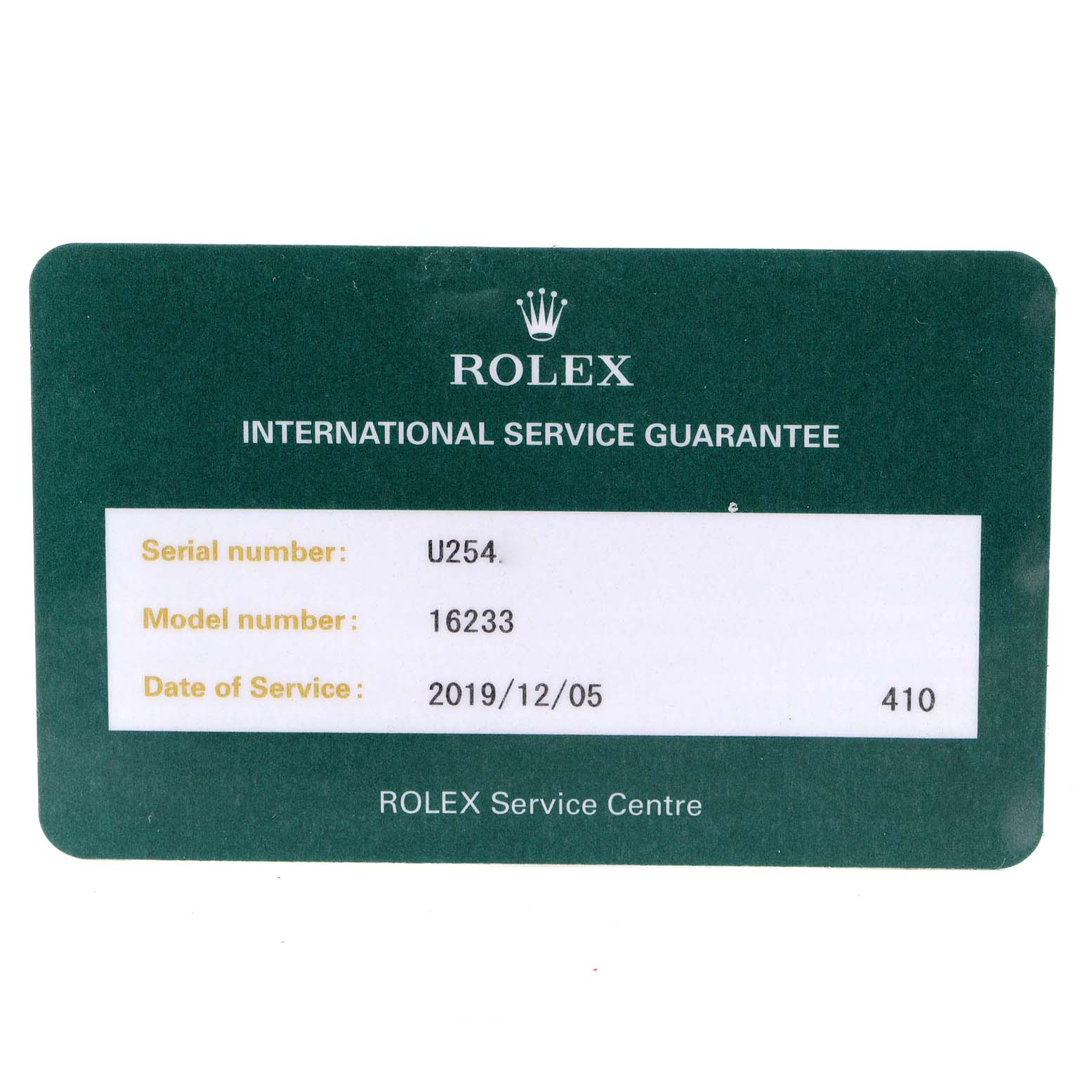 The image shows a Rolex International Service Guarantee card for a Datejust model 16233.