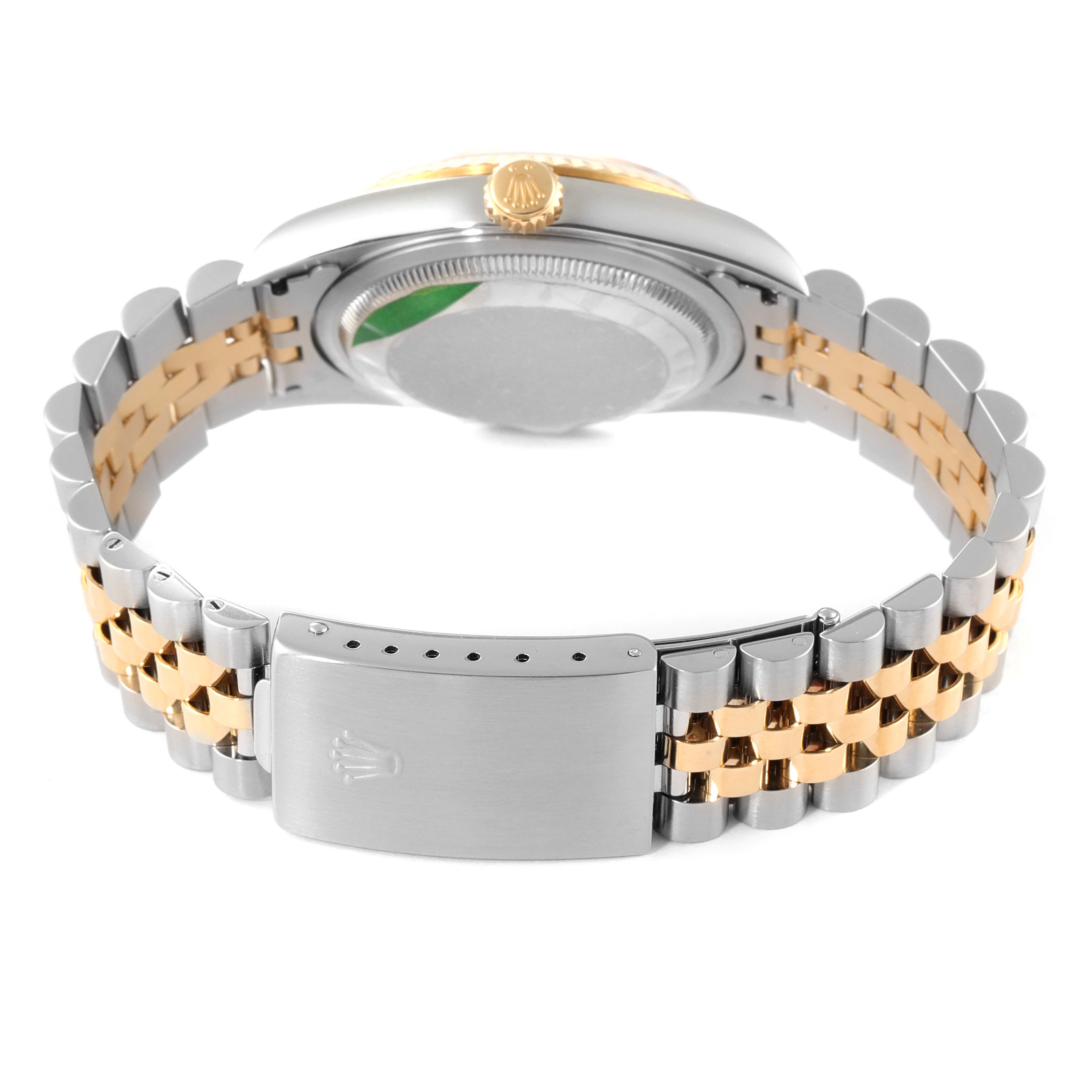 The image shows the back view of a Rolex Datejust 16233 Men's Steel and Gold (two tone) White Dial 16233 Men's Steel and Gold (two tone) White Dial watch, focusing on the clasp and bracelet.