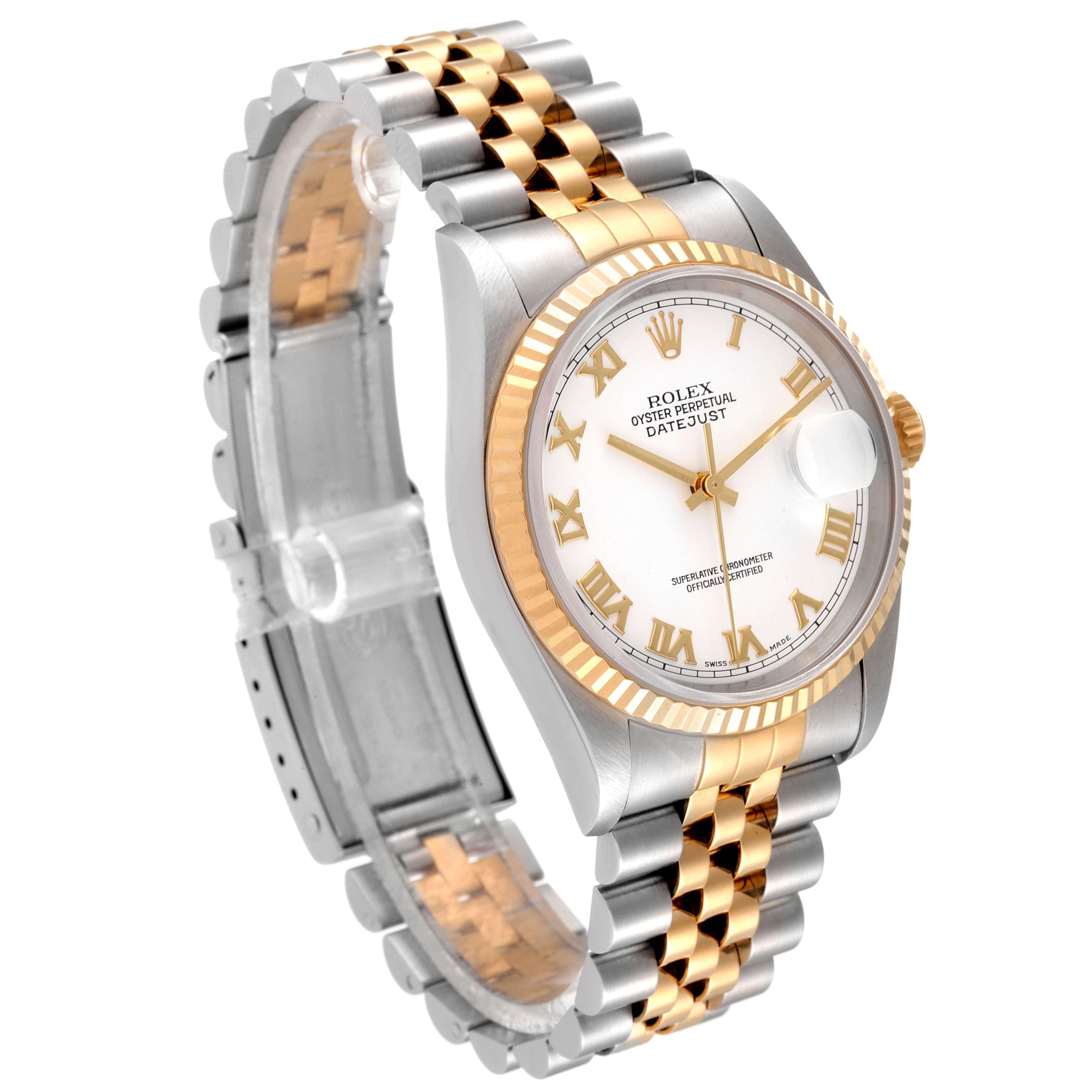 The Rolex Datejust 16233 Men's Steel and Gold (two tone) White Dial 16233 Men's Steel and Gold (two tone) White Dial model is shown at an angle displaying its face, bezel, and two-tone bracelet.