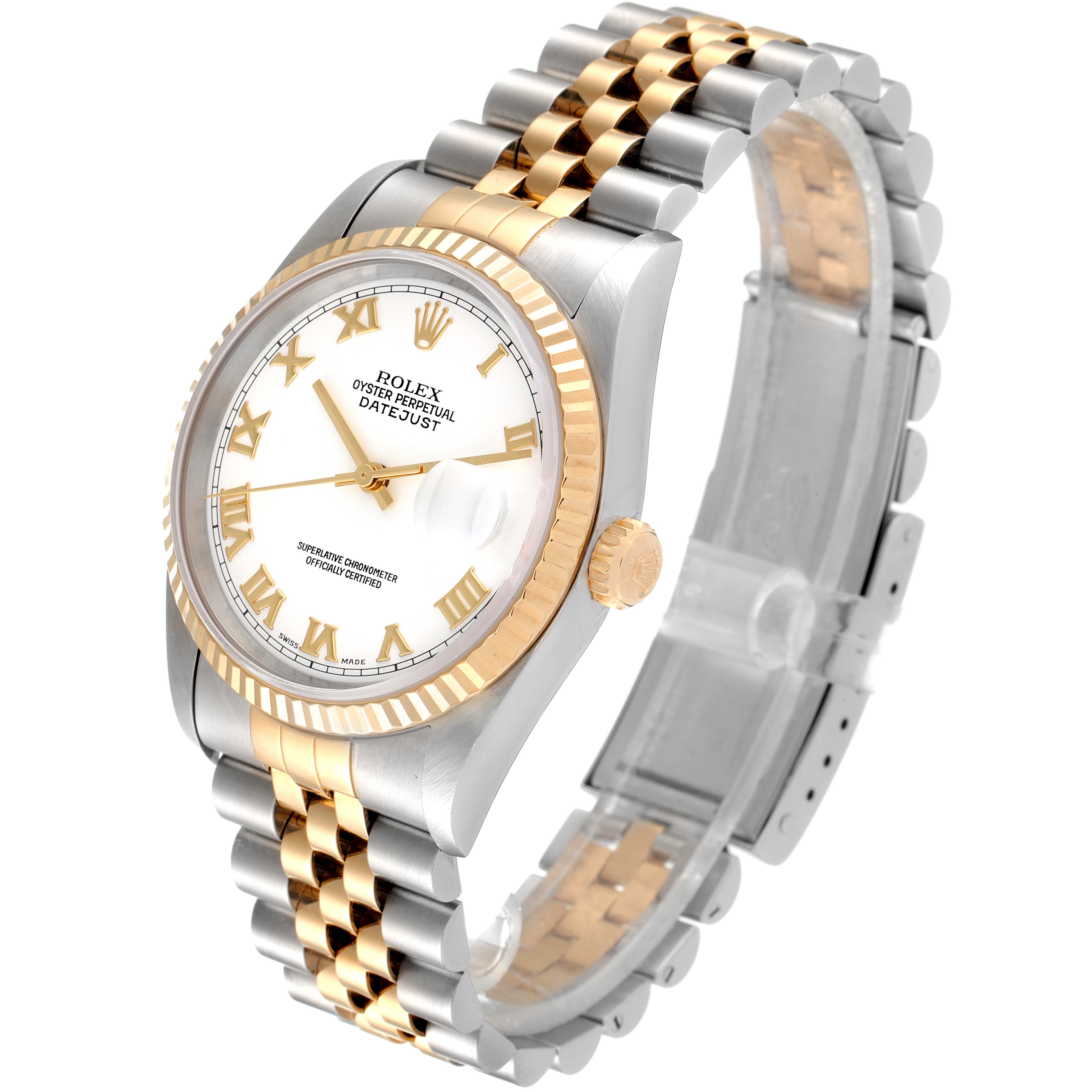 The image shows a Rolex Datejust 16233 Men's Steel and Gold (two tone) White Dial 16233 Men's Steel and Gold (two tone) White Dial watch at a three-quarter angle, highlighting the face, bezel, crown, and two-tone Jubilee bracelet.