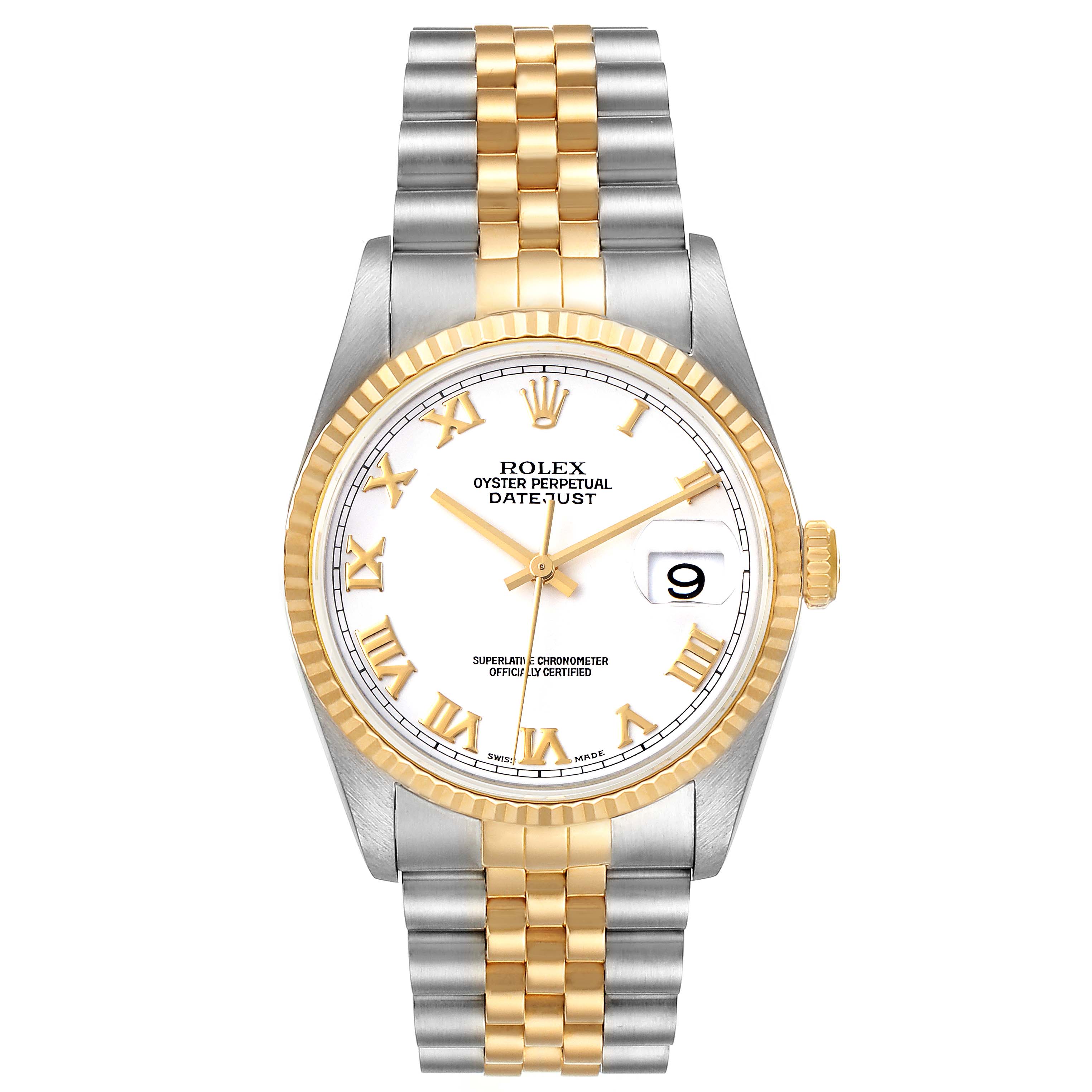 The image shows a front view of a Rolex Datejust 16233 Men's Steel and Gold (two tone) White Dial 16233 Men's Steel and Gold (two tone) White Dial watch with a two-tone bracelet, fluted bezel, and date display.