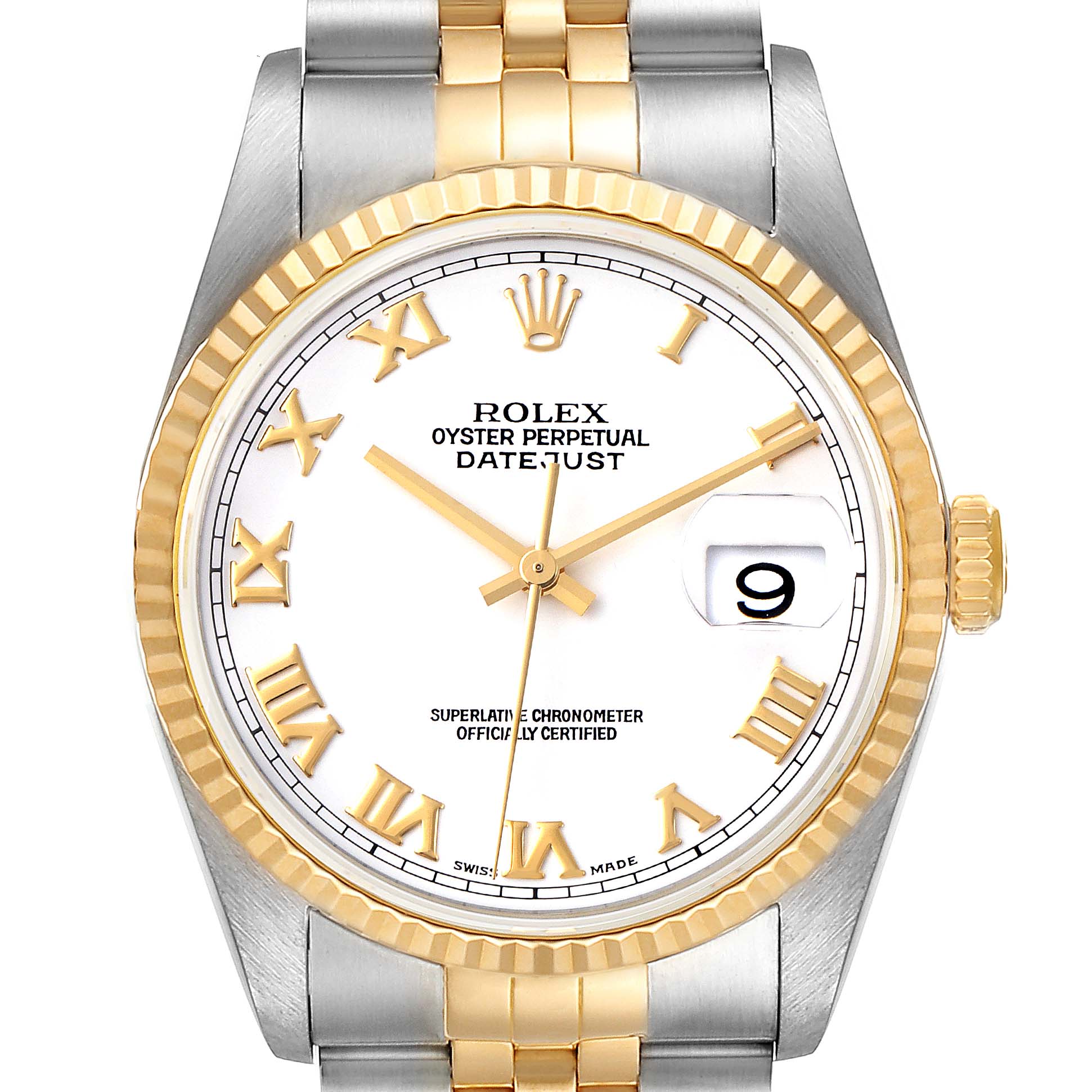 The image shows a front view of the Rolex Datejust 16233 Men's Steel and Gold (two tone) White Dial 16233 Men's Steel and Gold (two tone) White Dial watch, highlighting its two-tone bracelet, fluted bezel, and white dial with Roman numerals.