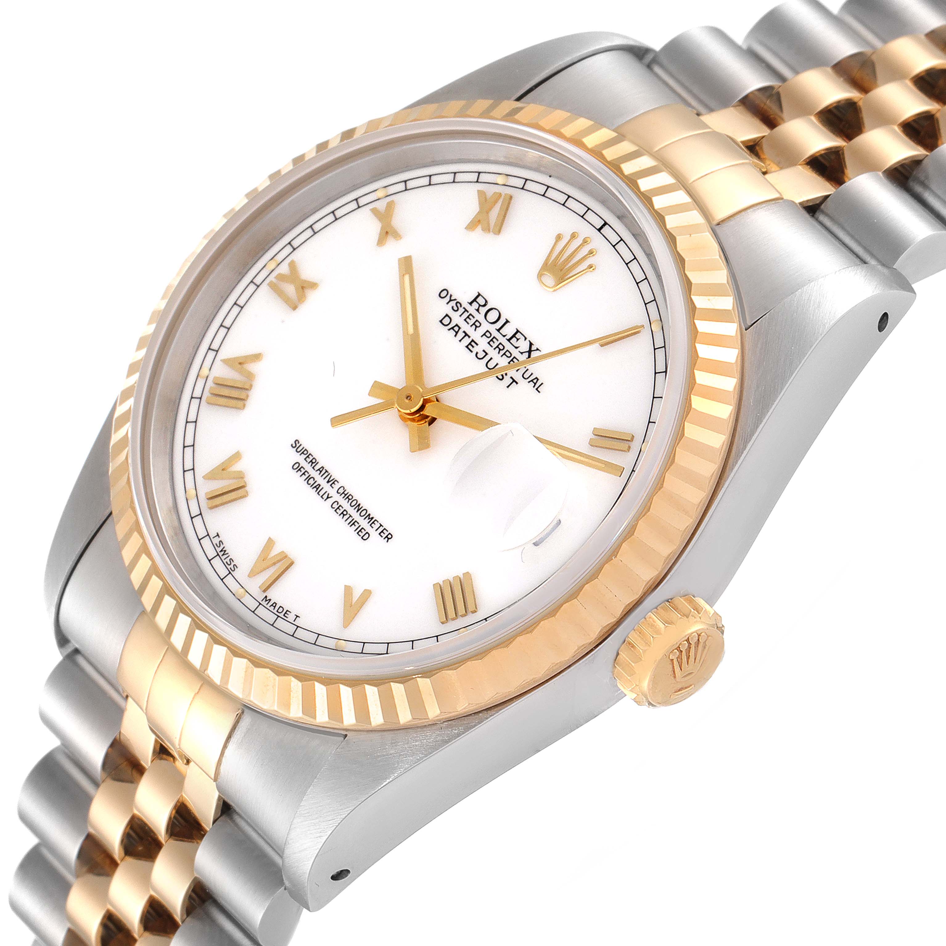 The image shows a close-up of the Rolex Datejust 16233 Men's Steel and Gold (two tone) White Dial 16233 Men's Steel and Gold (two tone) White Dial watch's face, bezel, crown, and part of the bracelet from a slight angle.