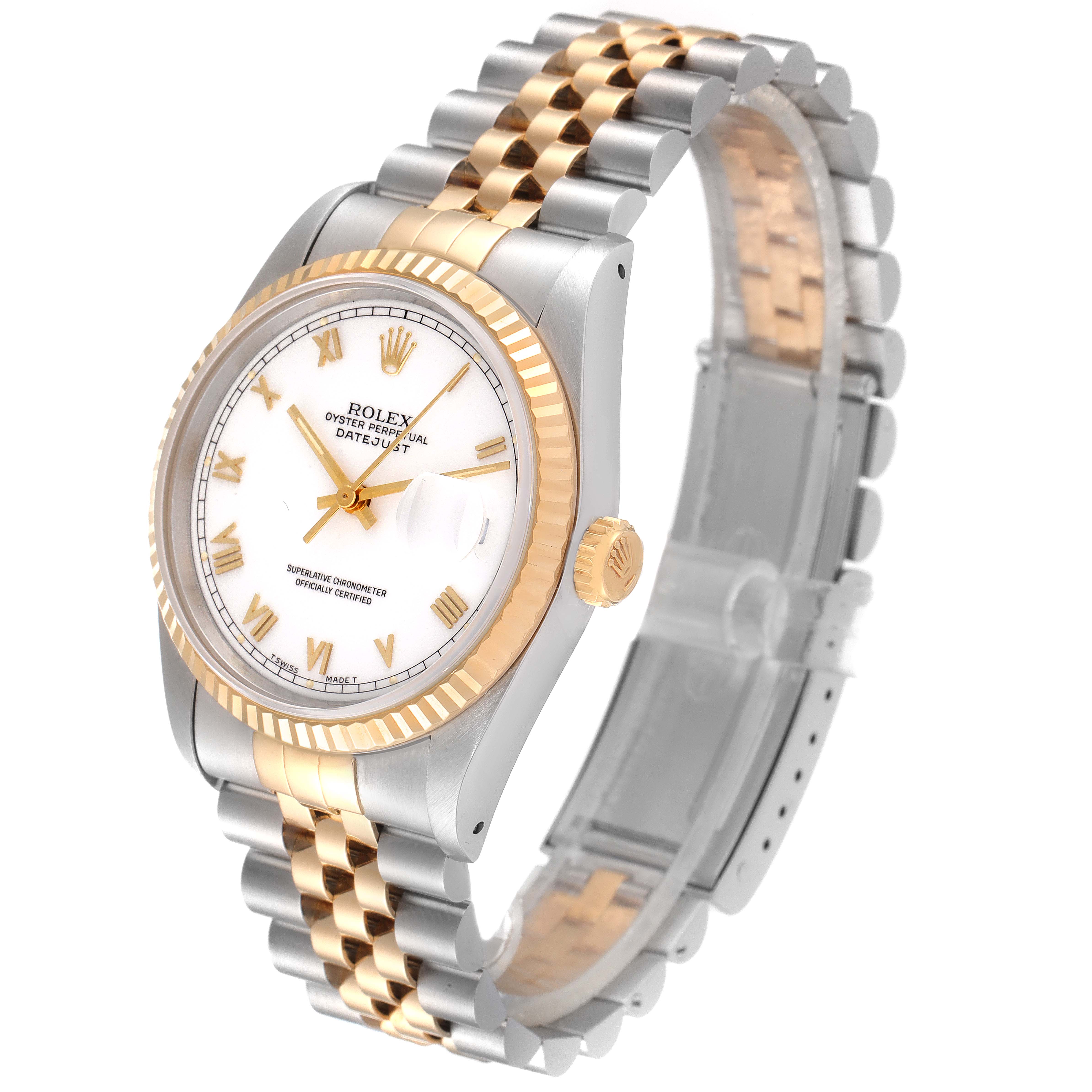 This image shows a Rolex Datejust 16233 Men's Steel and Gold (two tone) White Dial 16233 Men's Steel and Gold (two tone) White Dial watch, angled to display its white dial, fluted bezel, and two-tone Jubilee bracelet.