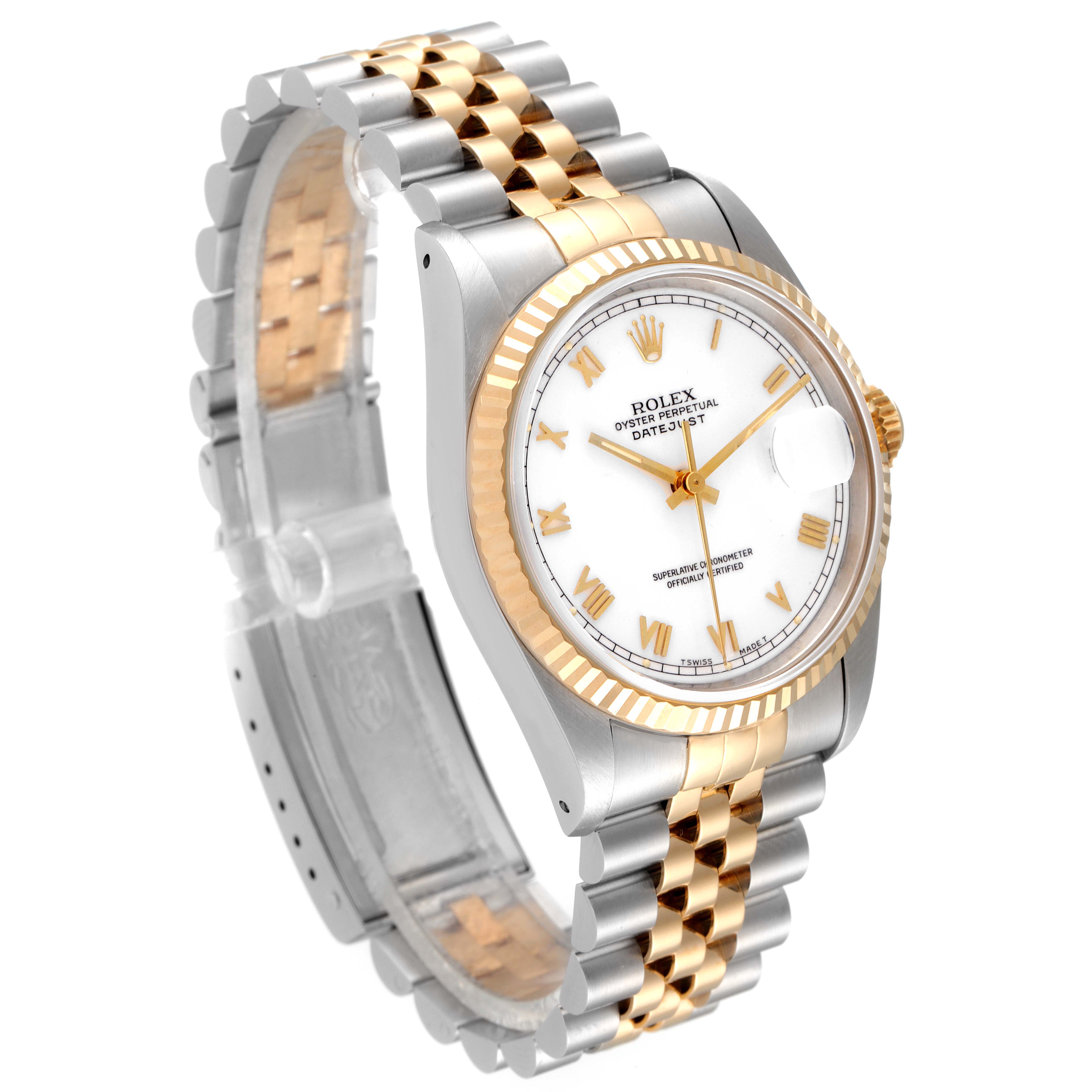 This image shows the Rolex Datejust 16233 Men's Steel and Gold (two tone) White Dial 16233 Men's Steel and Gold (two tone) White Dial watch from an angled side view, highlighting its dial, bezel, case, and two-tone bracelet.