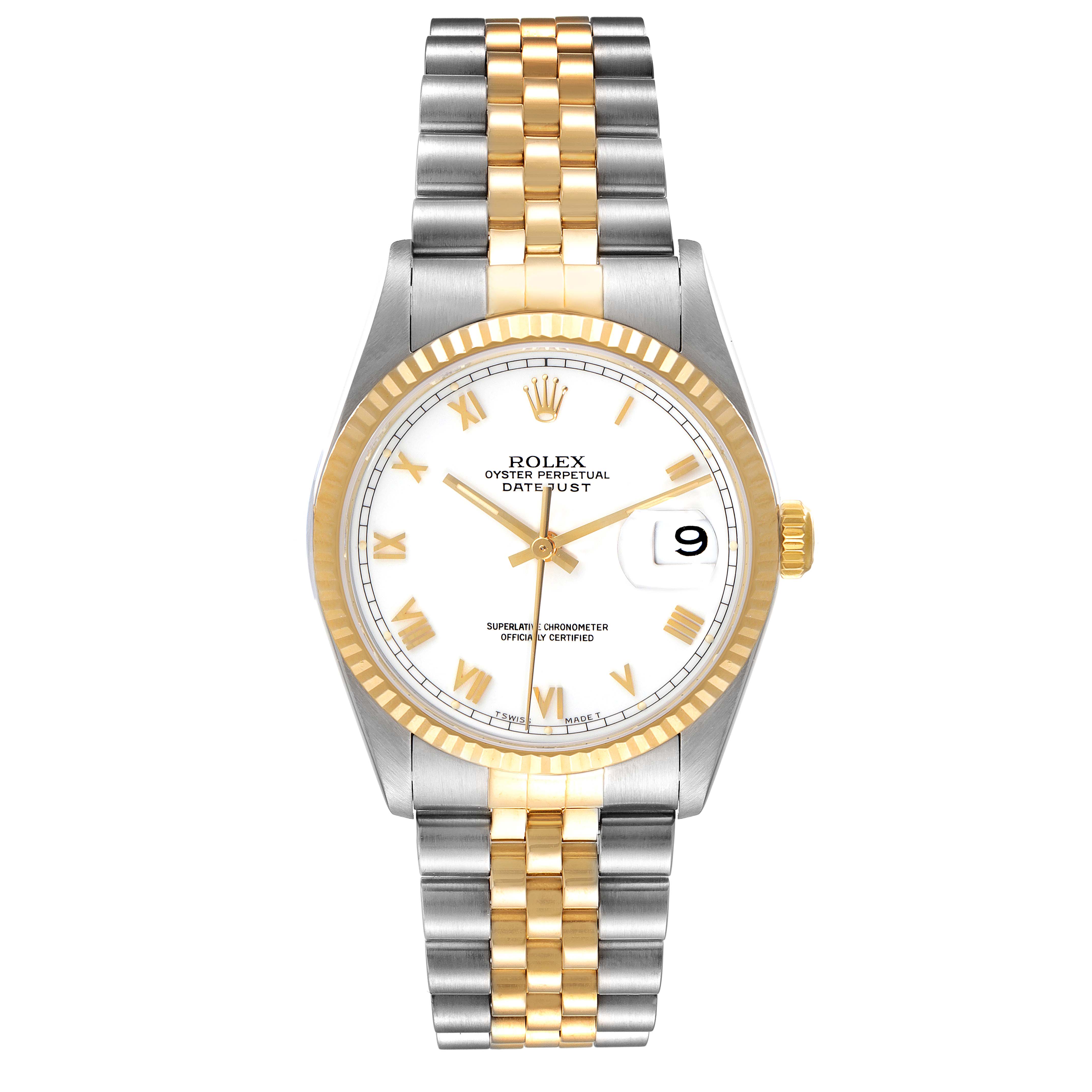 This image shows a Rolex Datejust 16233 Men's Steel and Gold (two tone) White Dial 16233 Men's Steel and Gold (two tone) White Dial watch from a top-down angle, highlighting its dial, bezel, and bracelet.