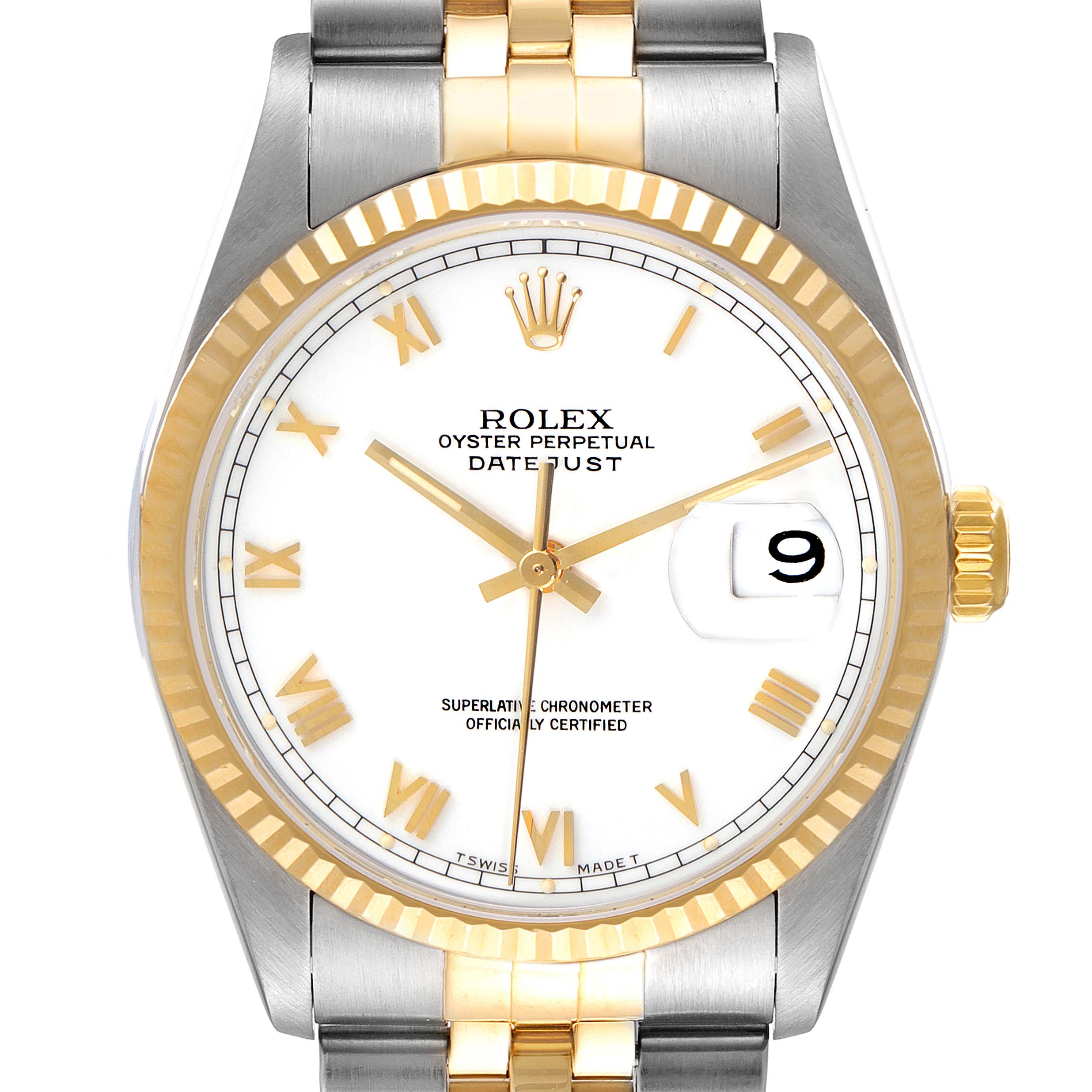The image shows a front view of the Rolex Datejust 16233 Men's Steel and Gold (two tone) White Dial 16233 Men's Steel and Gold (two tone) White Dial watch, displaying its dial, hands, bezel, and part of the bracelet.