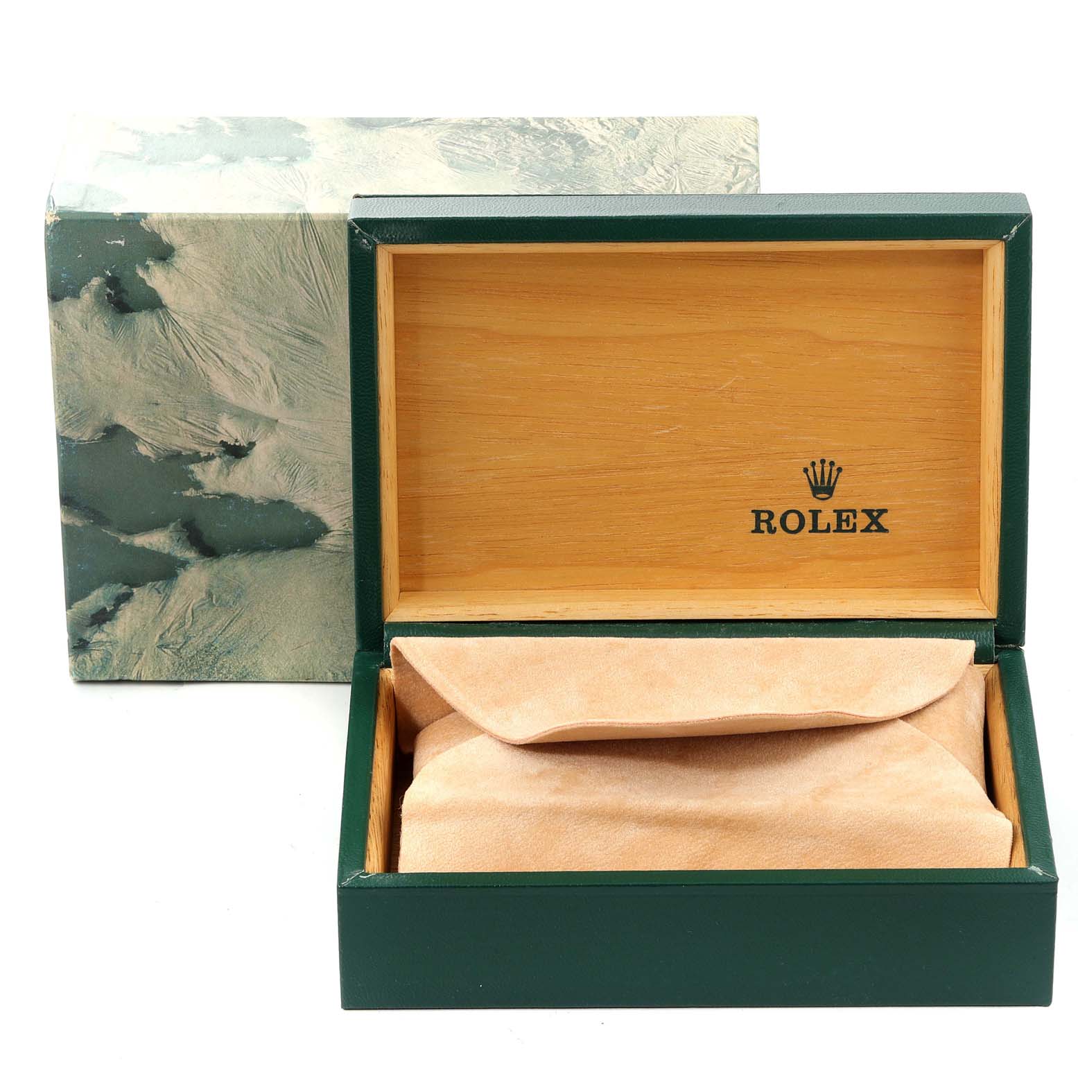 This image shows the open box for a Rolex Datejust 16233 Men's Steel and Gold (two tone) White Dial 16233 Men's Steel and Gold (two tone) White Dial watch with a tan inner lining and a partially visible external box.