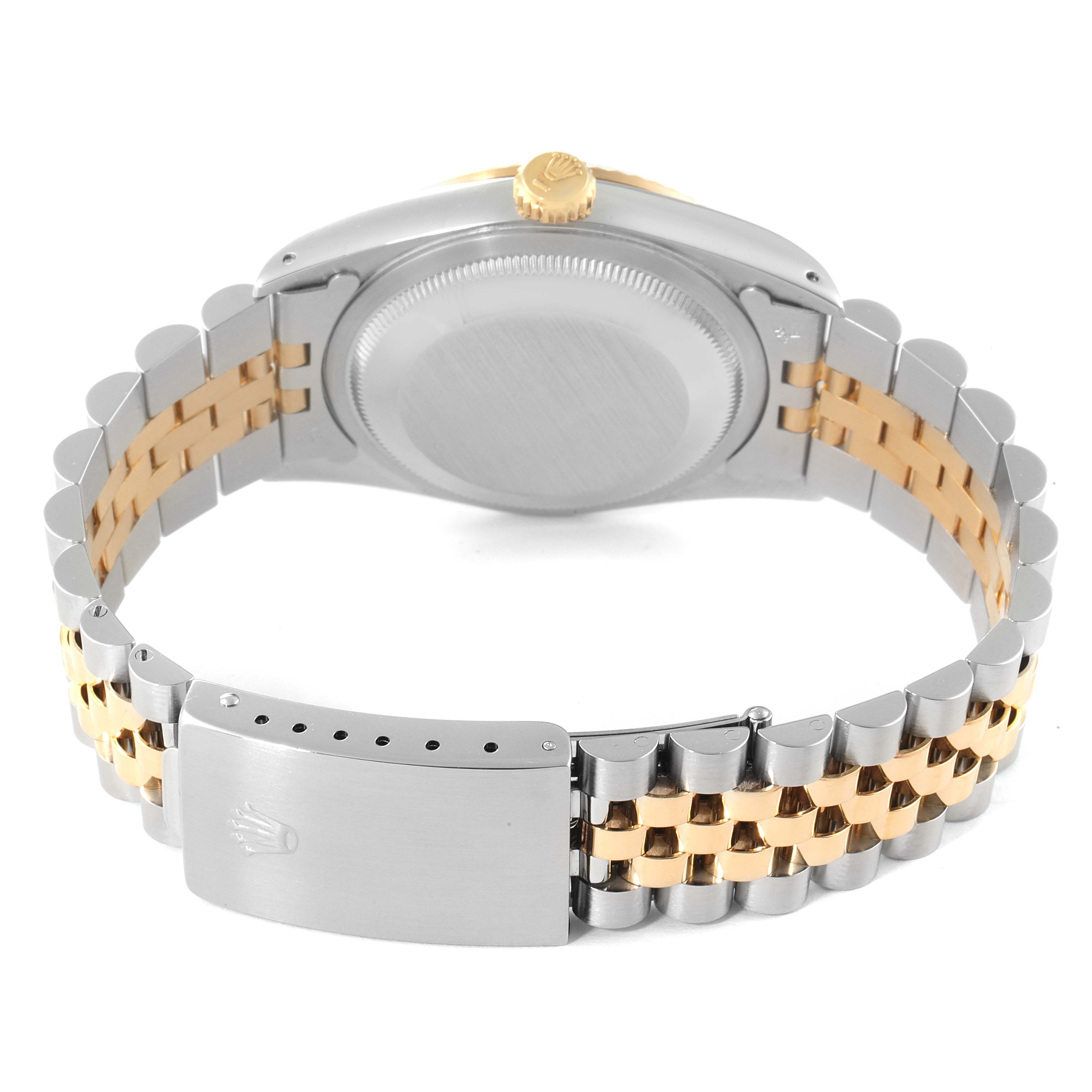 This image shows the back view of a Rolex Datejust 16233 Men's Steel and Gold (two tone) White Dial 16233 Men's Steel and Gold (two tone) White Dial watch, highlighting the closed clasp, bracelet, and case back.