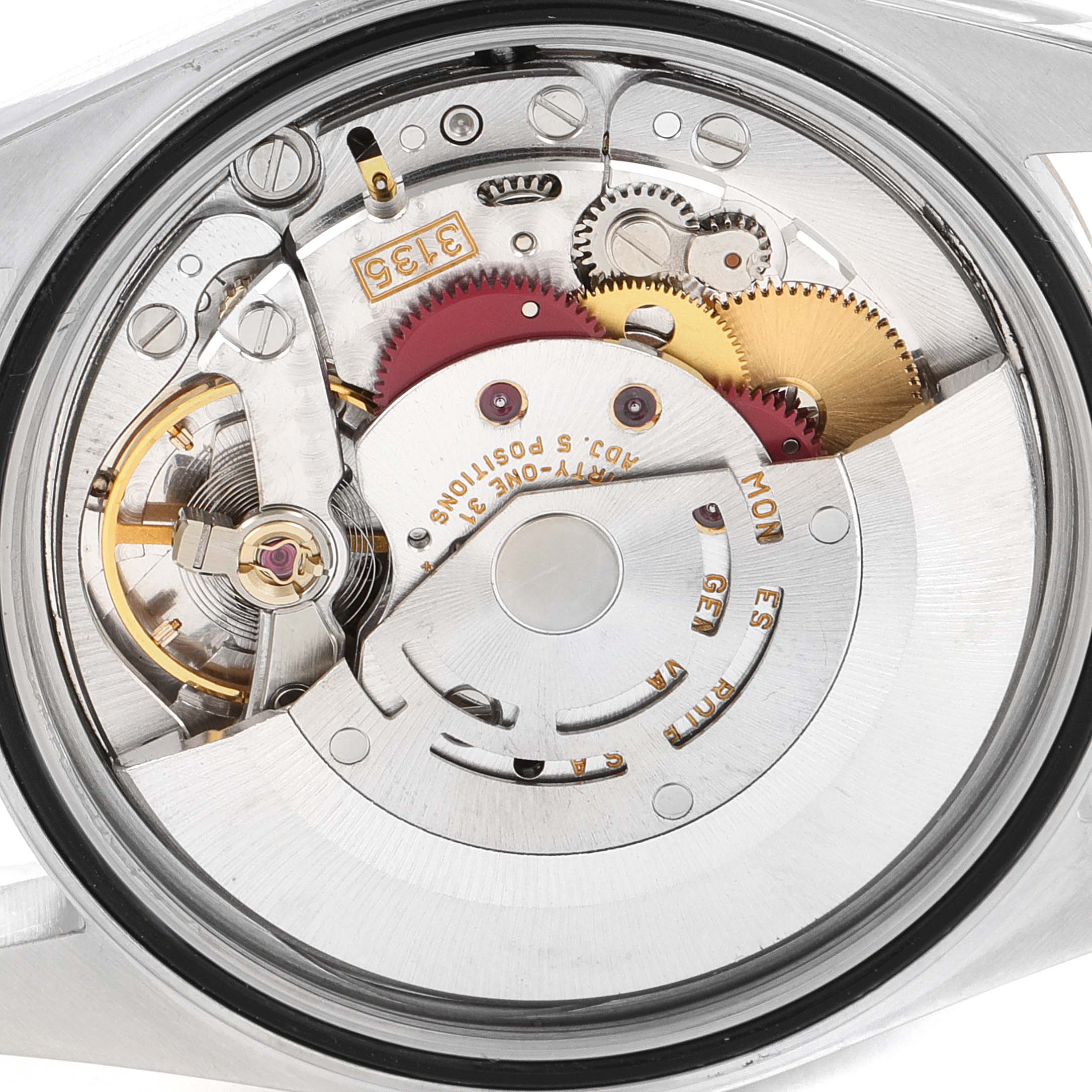 This image shows the intricate internal mechanics of a Rolex Datejust 16233 Men's Steel and Gold (two tone) White Dial 16233 Men's Steel and Gold (two tone) White Dial model watch from a top-down view.