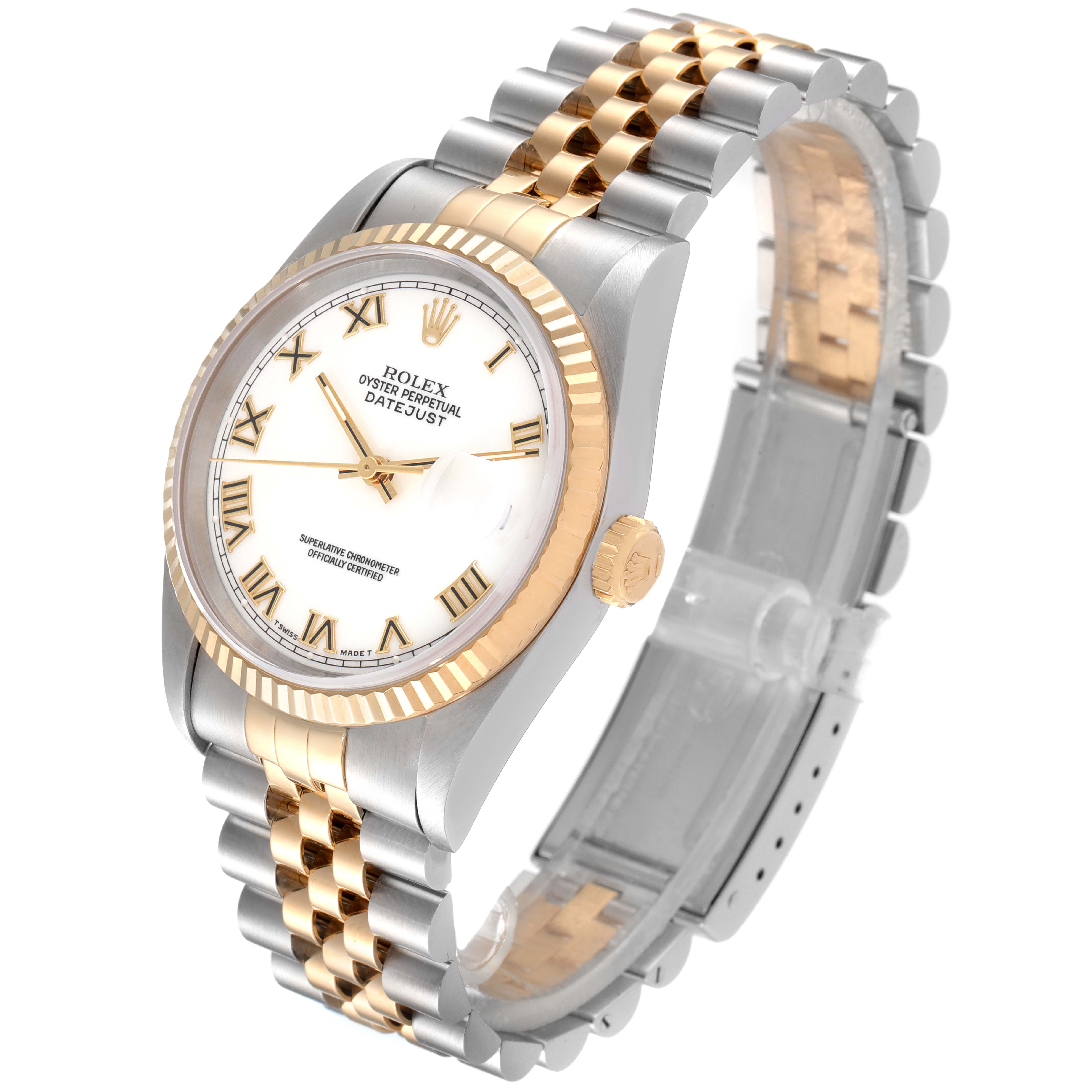 The Rolex Datejust 16233 Men's Steel and Gold (two tone) White Dial 16233 Men's Steel and Gold (two tone) White Dial watch is shown at an angle revealing its gold and silver jubilee bracelet, fluted bezel, dial, and crown.