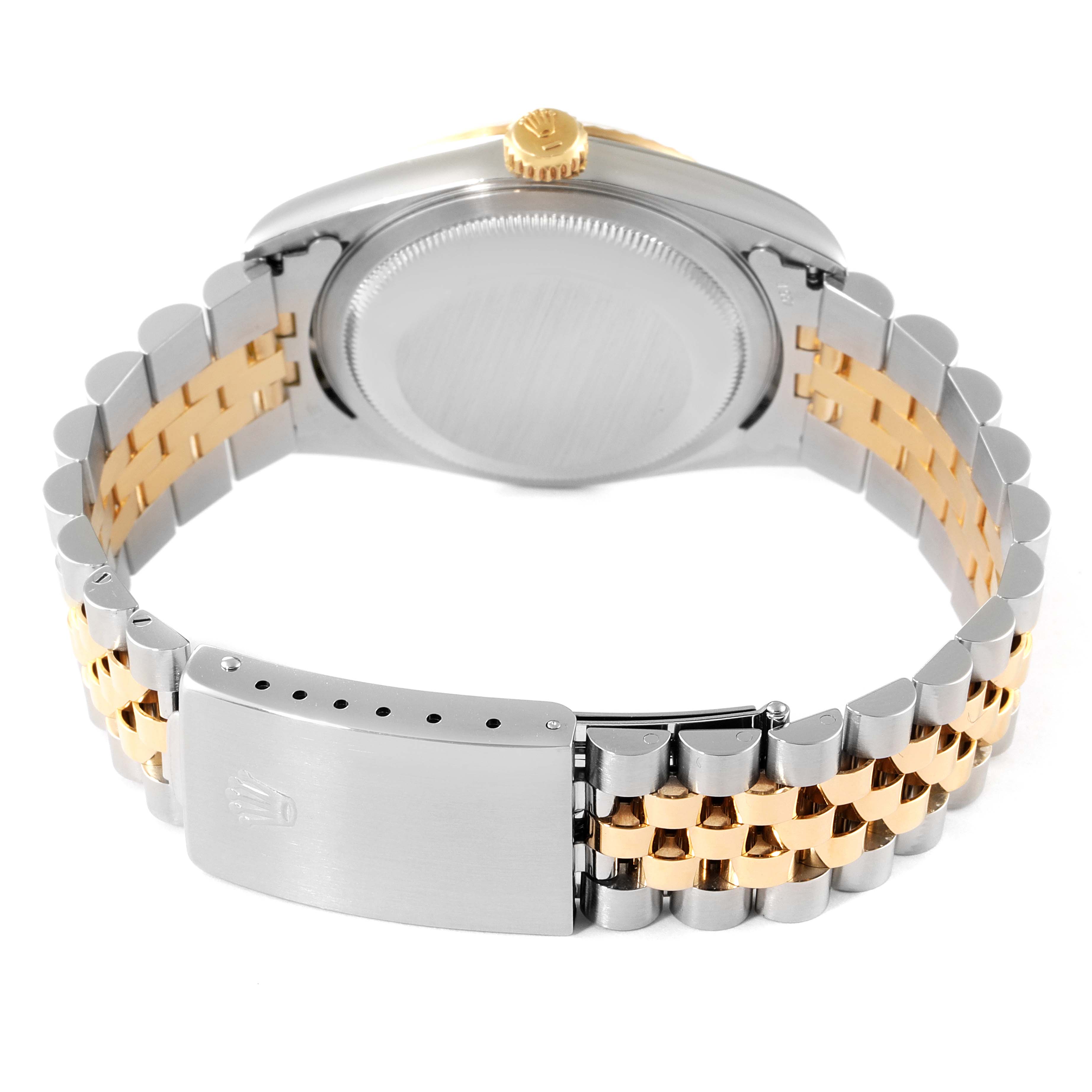 The image shows the back view of a Rolex Datejust 16233 Men's Steel and Gold (two tone) White Dial 16233 Men's Steel and Gold (two tone) White Dial watch, highlighting its stainless steel and gold Jubilee bracelet and clasp.