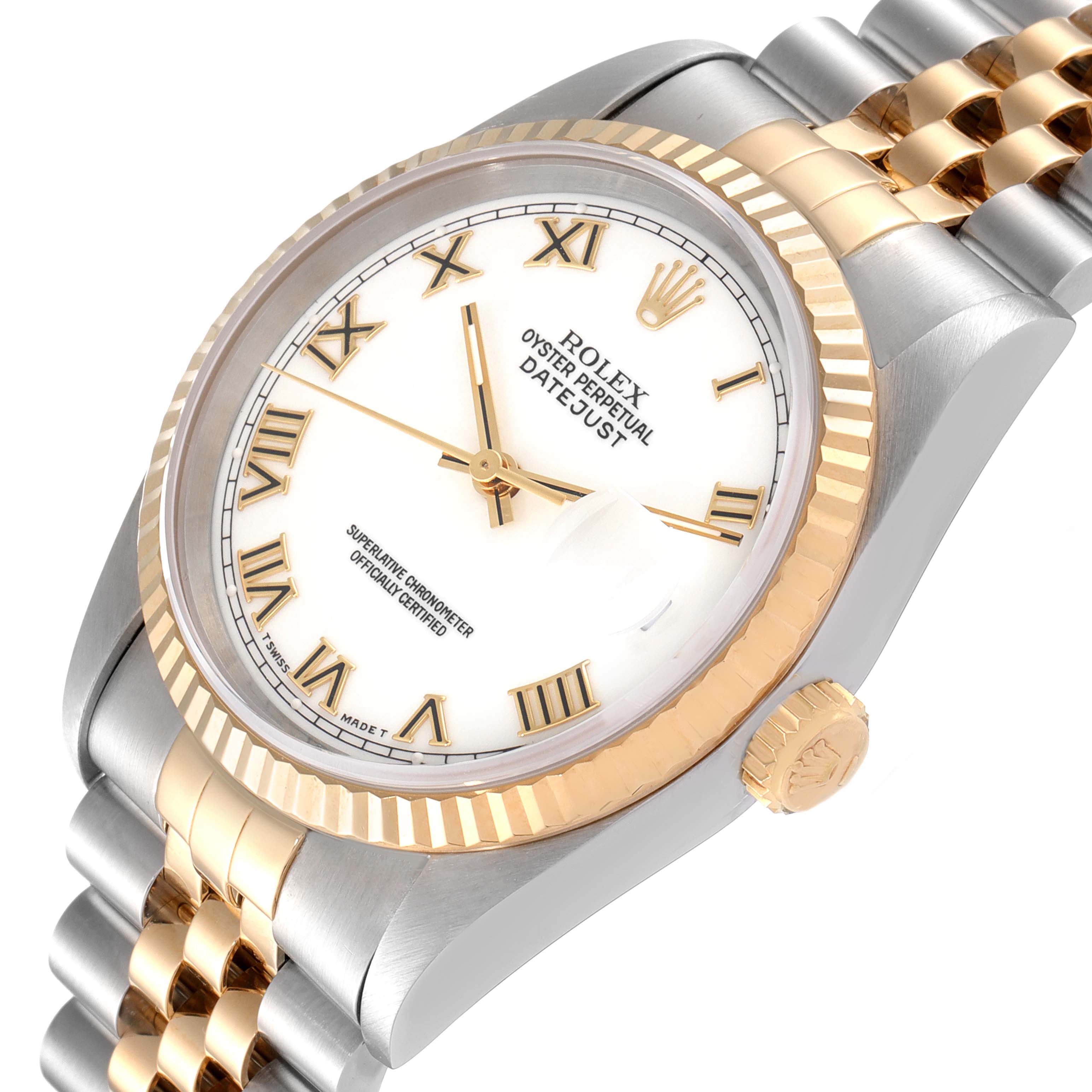 This image shows a Rolex Datejust 16233 Men's Steel and Gold (two tone) White Dial 16233 Men's Steel and Gold (two tone) White Dial watch at a slight angle, highlighting its dial, fluted bezel, crown, and two-tone bracelet.