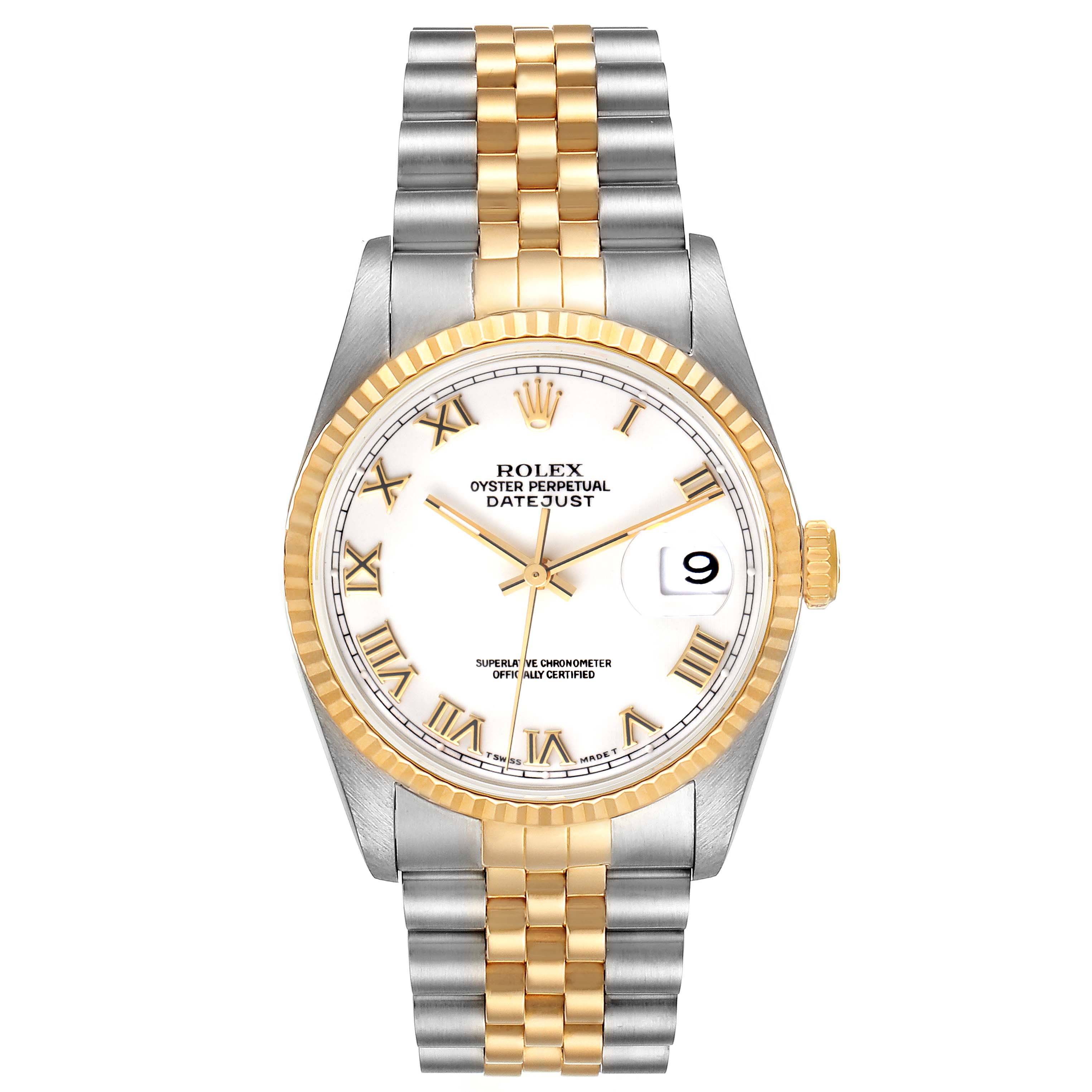 The image shows a front view of a Rolex Datejust 16233 Men's Steel and Gold (two tone) White Dial 16233 Men's Steel and Gold (two tone) White Dial watch, highlighting the dial, bezel, crown, and two-tone bracelet.