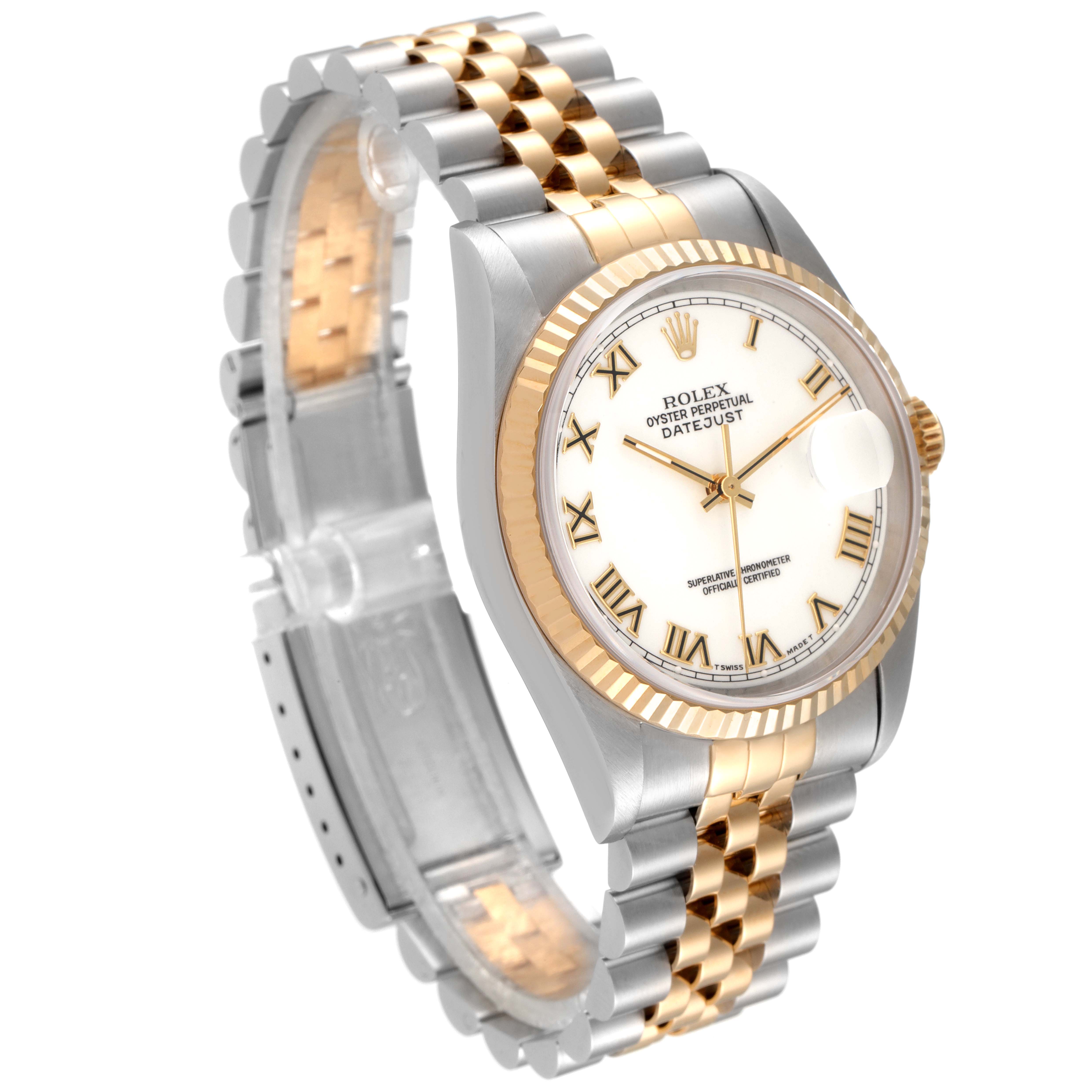 This Rolex Datejust 16233 Men's Steel and Gold (two tone) White Dial 16233 Men's Steel and Gold (two tone) White Dial watch is shown at an angled view, highlighting its two-tone bracelet and white dial with Roman numerals.