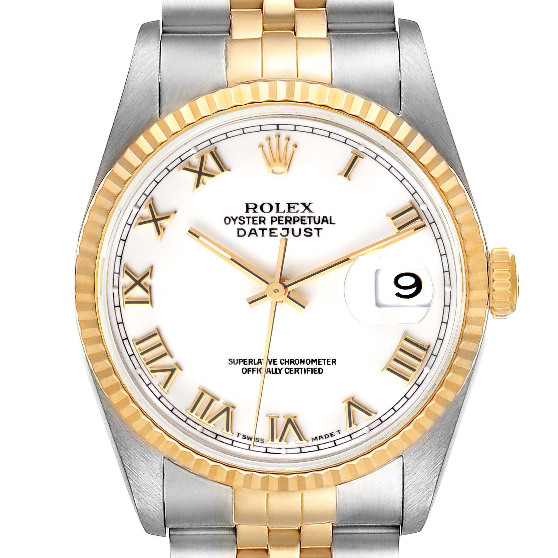 The Rolex Datejust 16233 Men's Steel and Gold (two tone) White Dial 16233 Men's Steel and Gold (two tone) White Dial watch is shown from a front angle, displaying its face, bezel, and part of the bracelet.