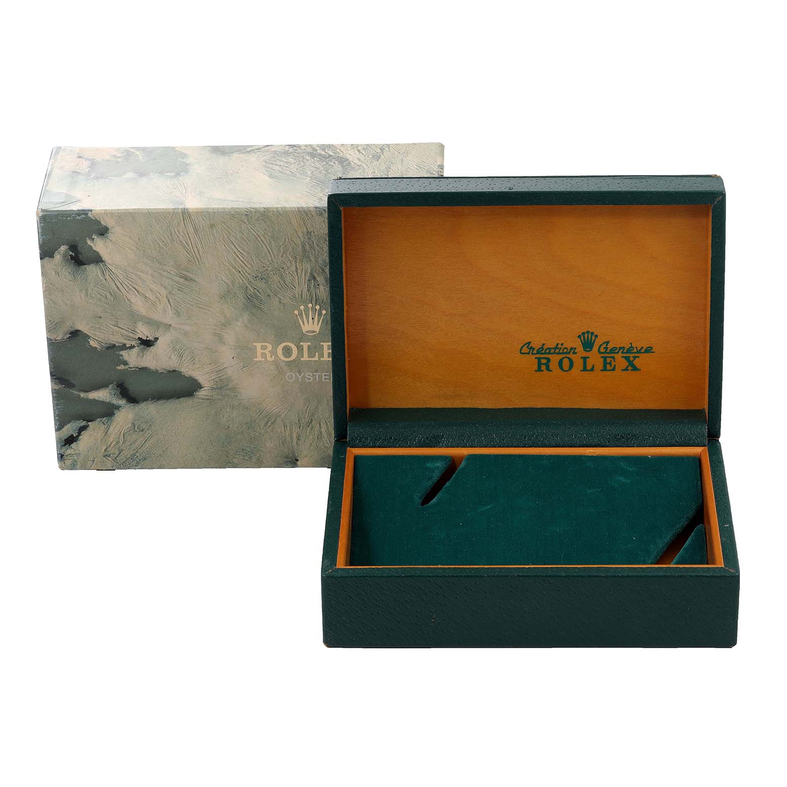 The image shows an open green and orange Rolex box for a Datejust model, with a closed textured outer box.