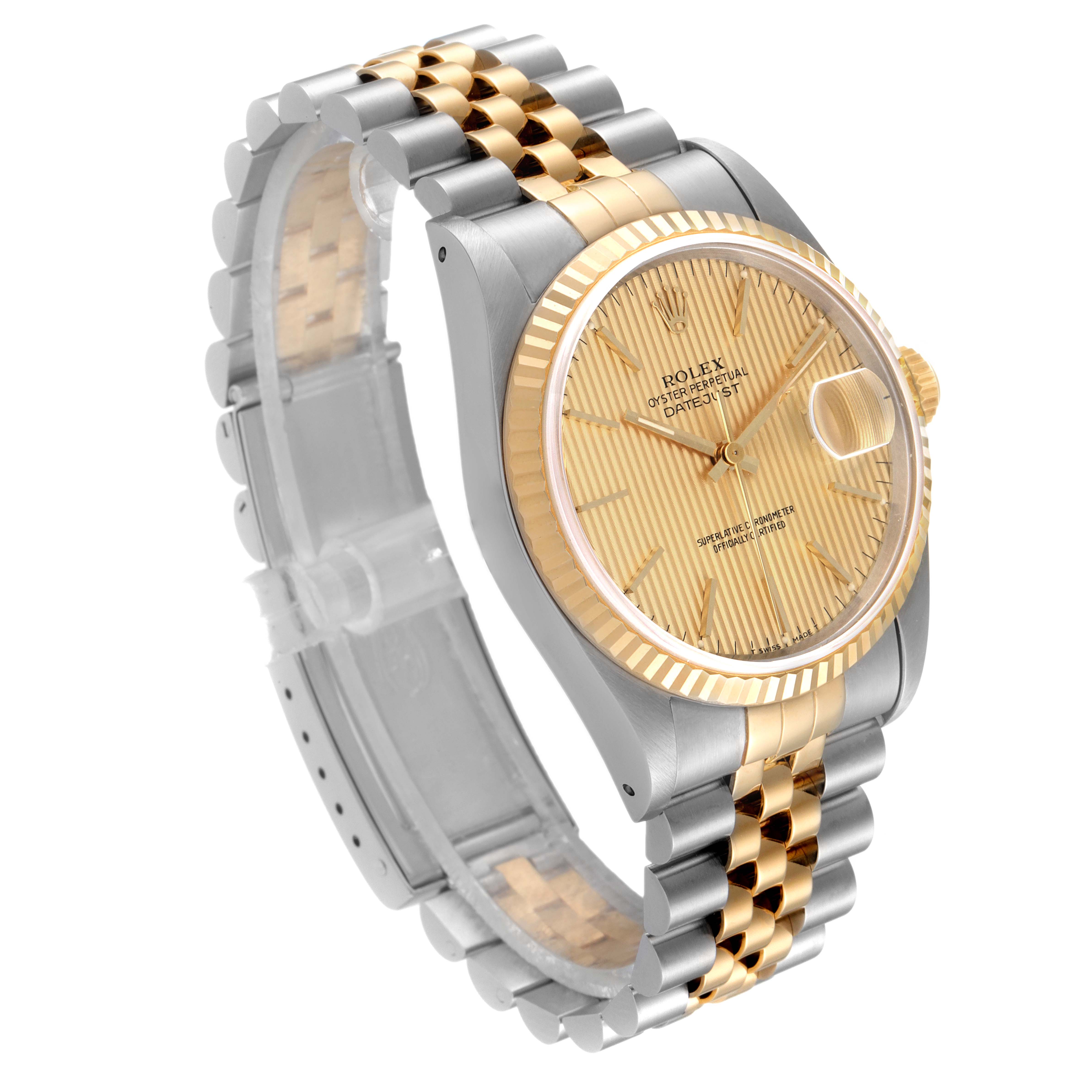 The image shows a Rolex Datejust 16233 Men's Steel and Gold (two tone) Champagne Dial 16233 Men's Steel and Gold (two tone) Champagne Dial watch at an angled view, highlighting its two-tone bracelet, fluted bezel, and champagne dial.