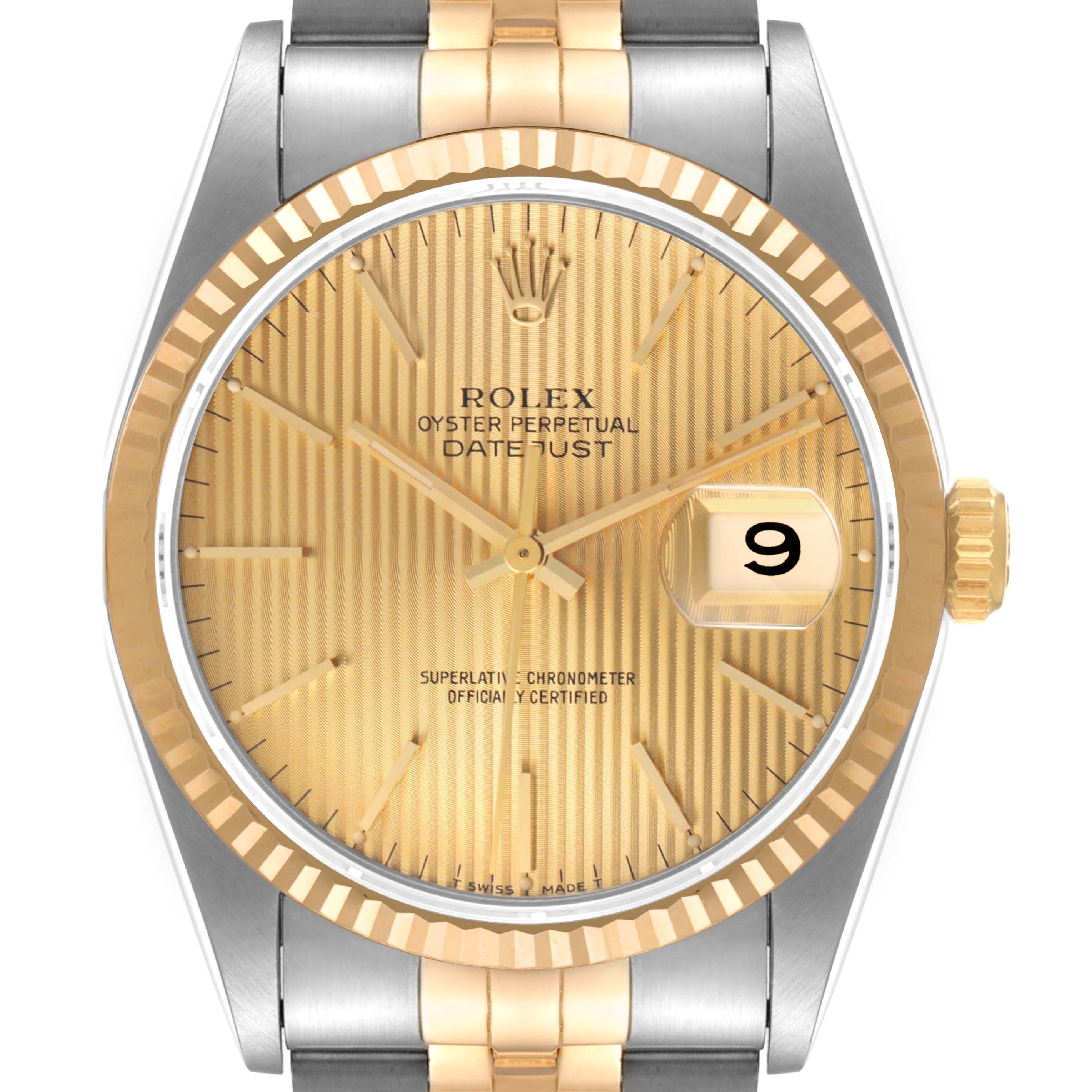 This image shows a front view of the Rolex Datejust 16233 Men's Steel and Gold (two tone) Champagne Dial 16233 Men's Steel and Gold (two tone) Champagne Dial watch, highlighting the dial, bezel, crown, and part of the bracelet.