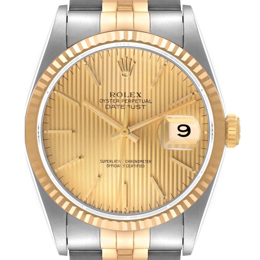 This image shows a front view of the Rolex Datejust watch, highlighting the dial, bezel, crown, and part of the bracelet.