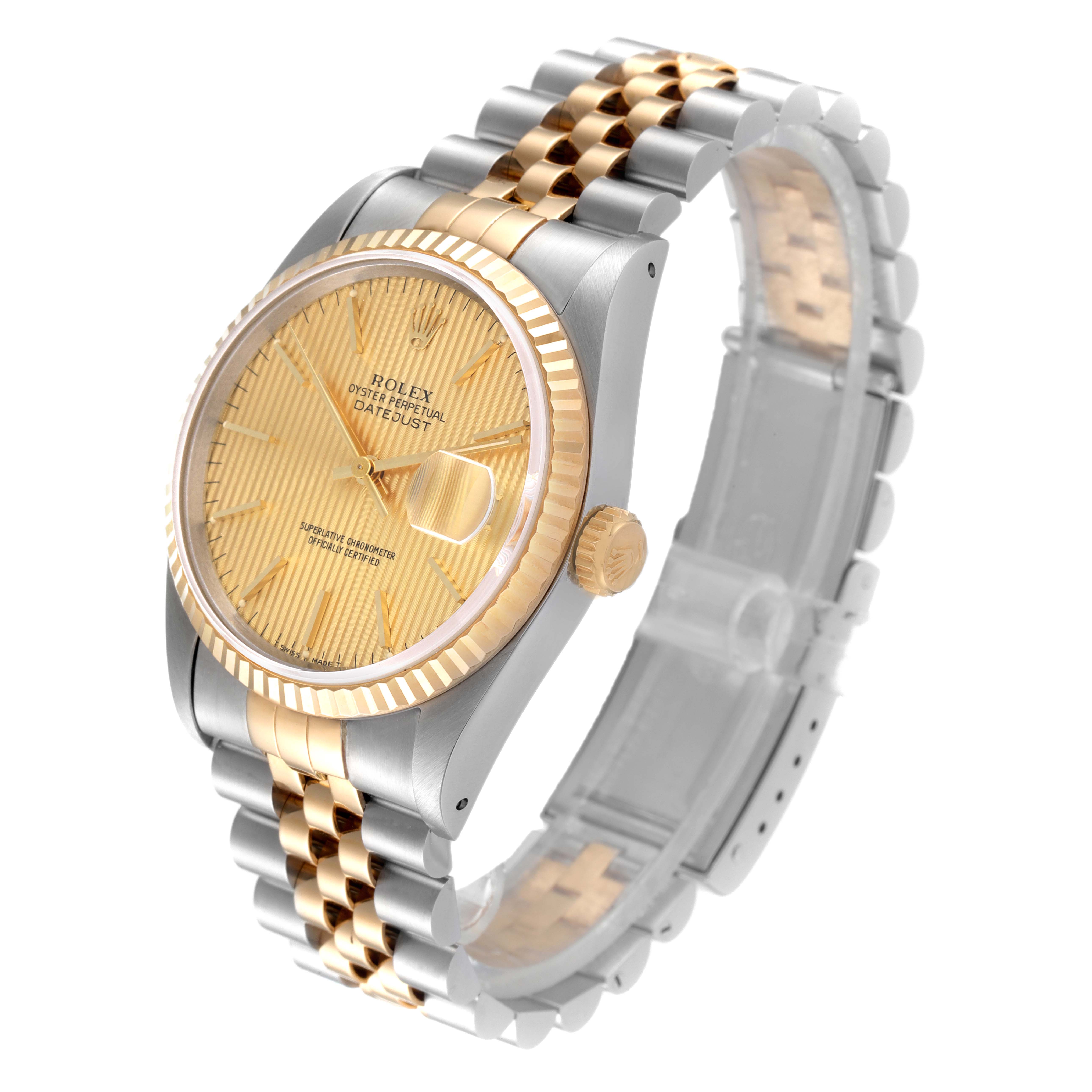 The image shows a Rolex Datejust 16233 Men's Steel and Gold (two tone) Champagne Dial 16233 Men's Steel and Gold (two tone) Champagne Dial watch at a three-quarter angle, highlighting its gold and silver case, dial, and bracelet.