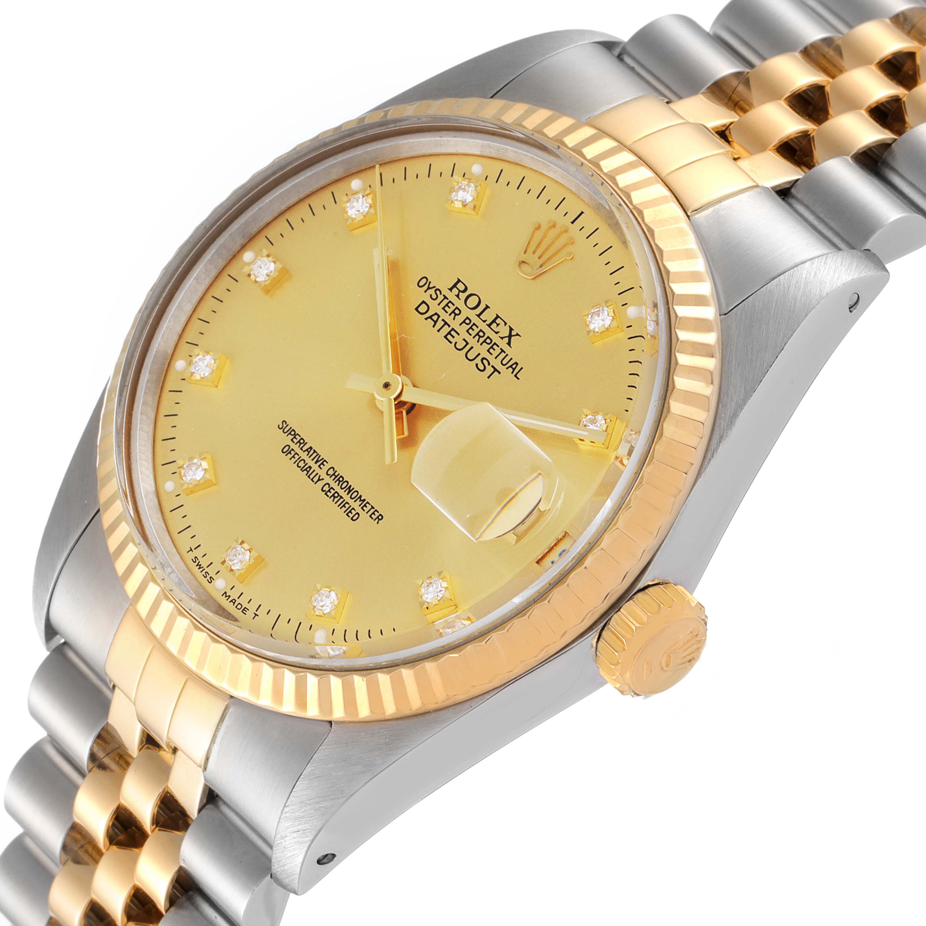 This Rolex Datejust 16013 Men
s Steel and Gold (two tone) Champagne Dial 16013 Men
s Steel and Gold (two tone) Champagne Dial watch is shown at a tilted angle, highlighting its gold dial, fluted bezel, and two-tone bracelet.