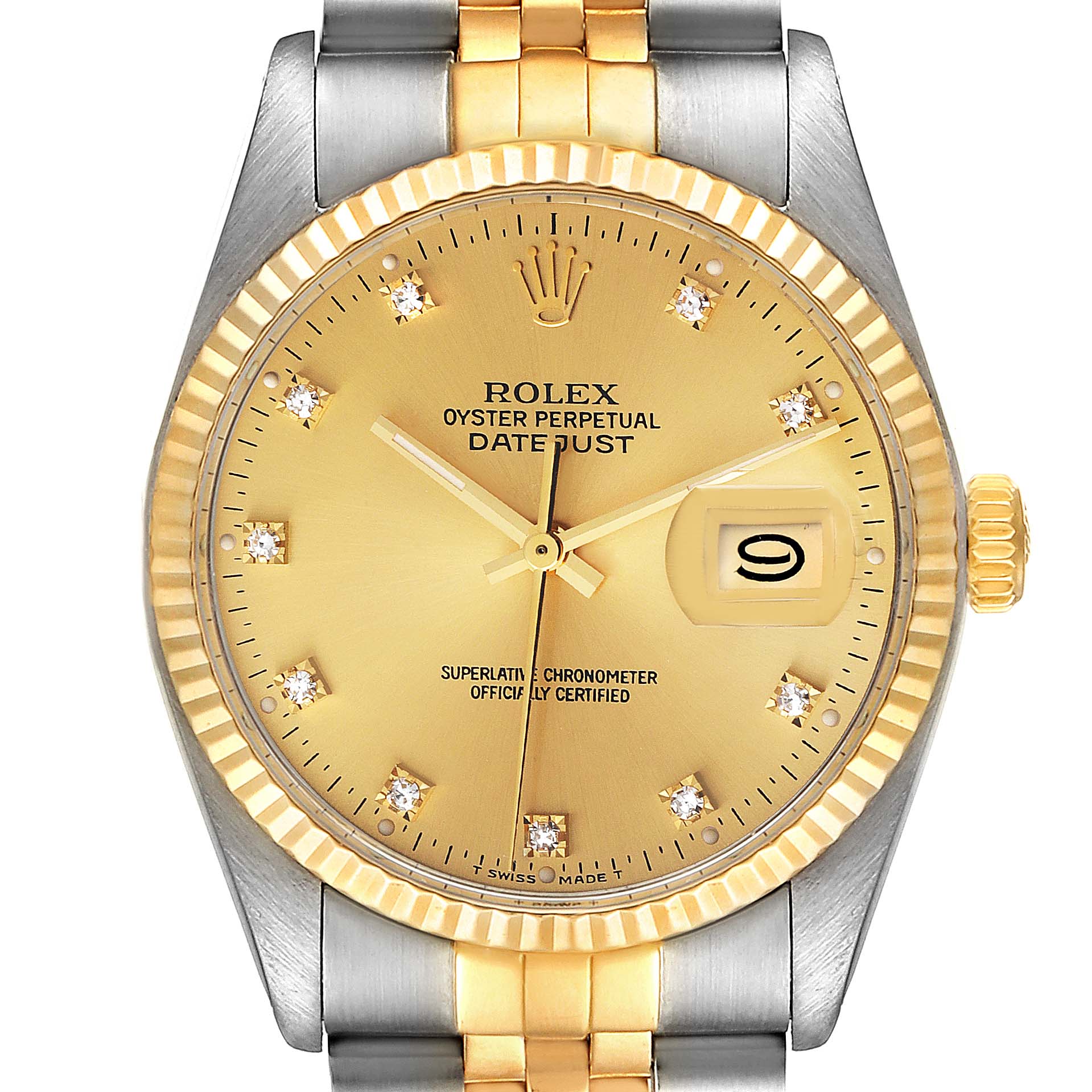 The image shows a Rolex Datejust 16013 Men
s Steel and Gold (two tone) Champagne Dial 16013 Men
s Steel and Gold (two tone) Champagne Dial watch from a front angle, displaying the dial, bezel, crown, and part of the bracelet.