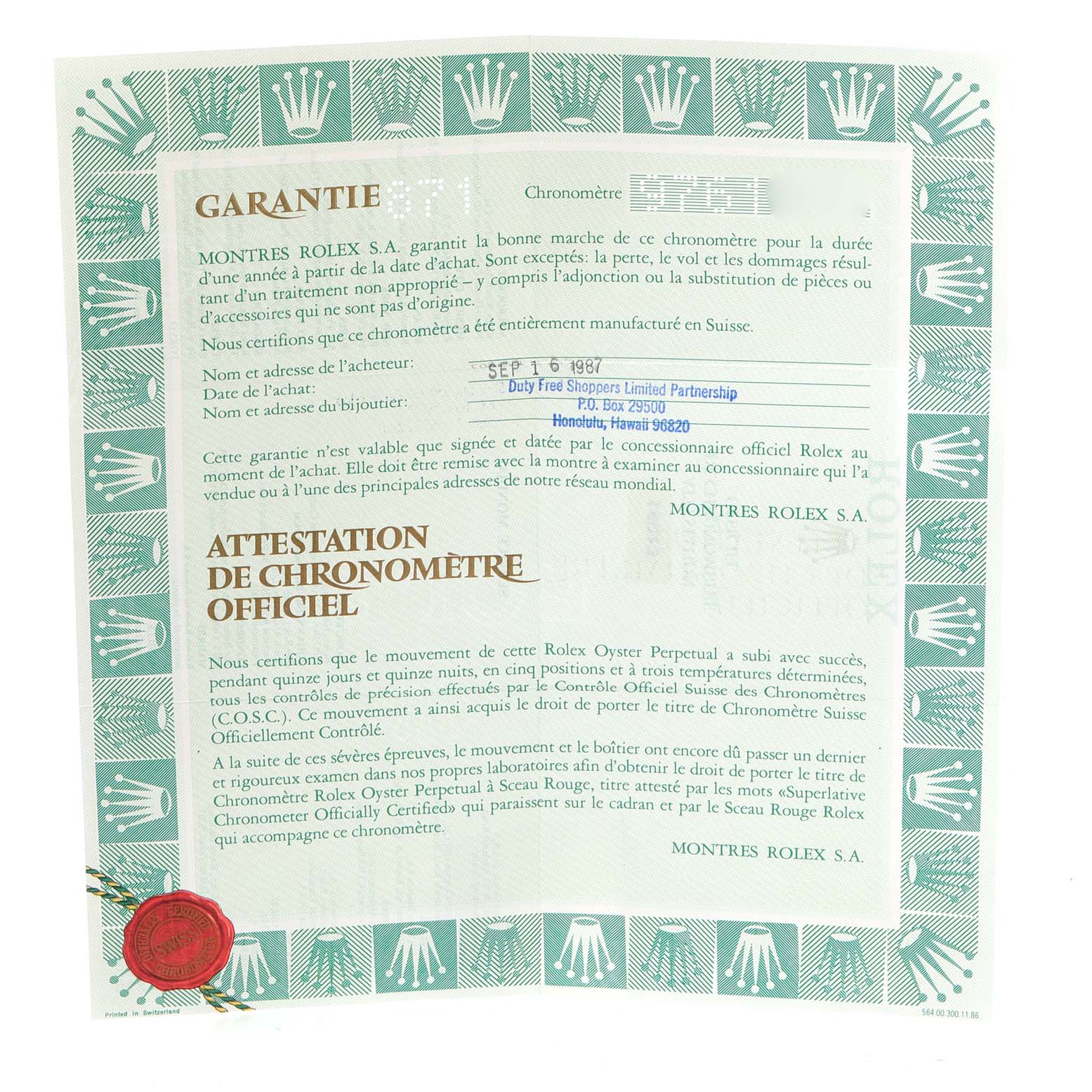 The image shows a warranty and official chronometer certification document for a Rolex Datejust 16013 Men
s Steel and Gold (two tone) Champagne Dial 16013 Men
s Steel and Gold (two tone) Champagne Dial watch, with brand detailing.