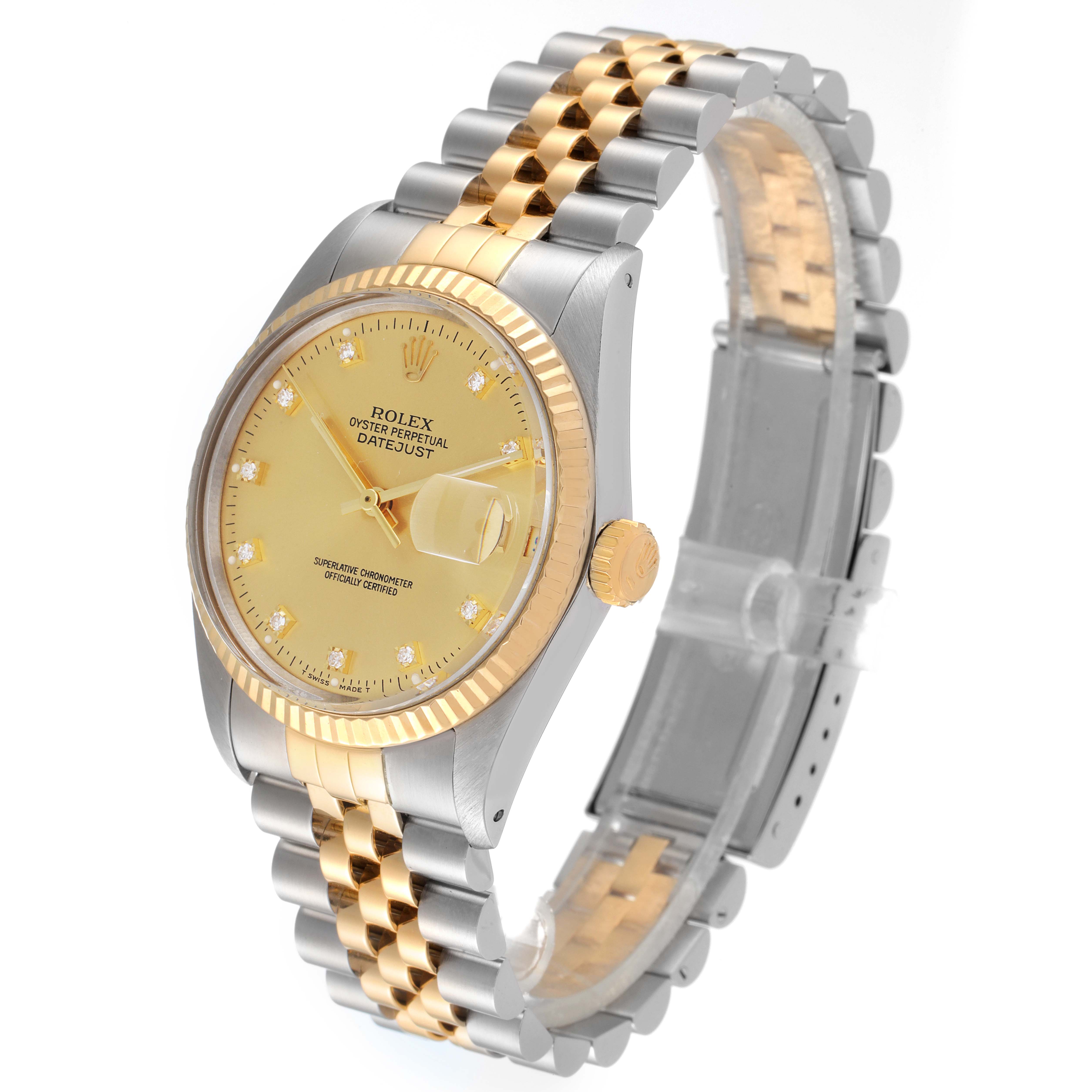 This image shows a side view of a Rolex Datejust 16013 Men
s Steel and Gold (two tone) Champagne Dial 16013 Men
s Steel and Gold (two tone) Champagne Dial watch, highlighting its dial, fluted bezel, and two-tone metal bracelet.