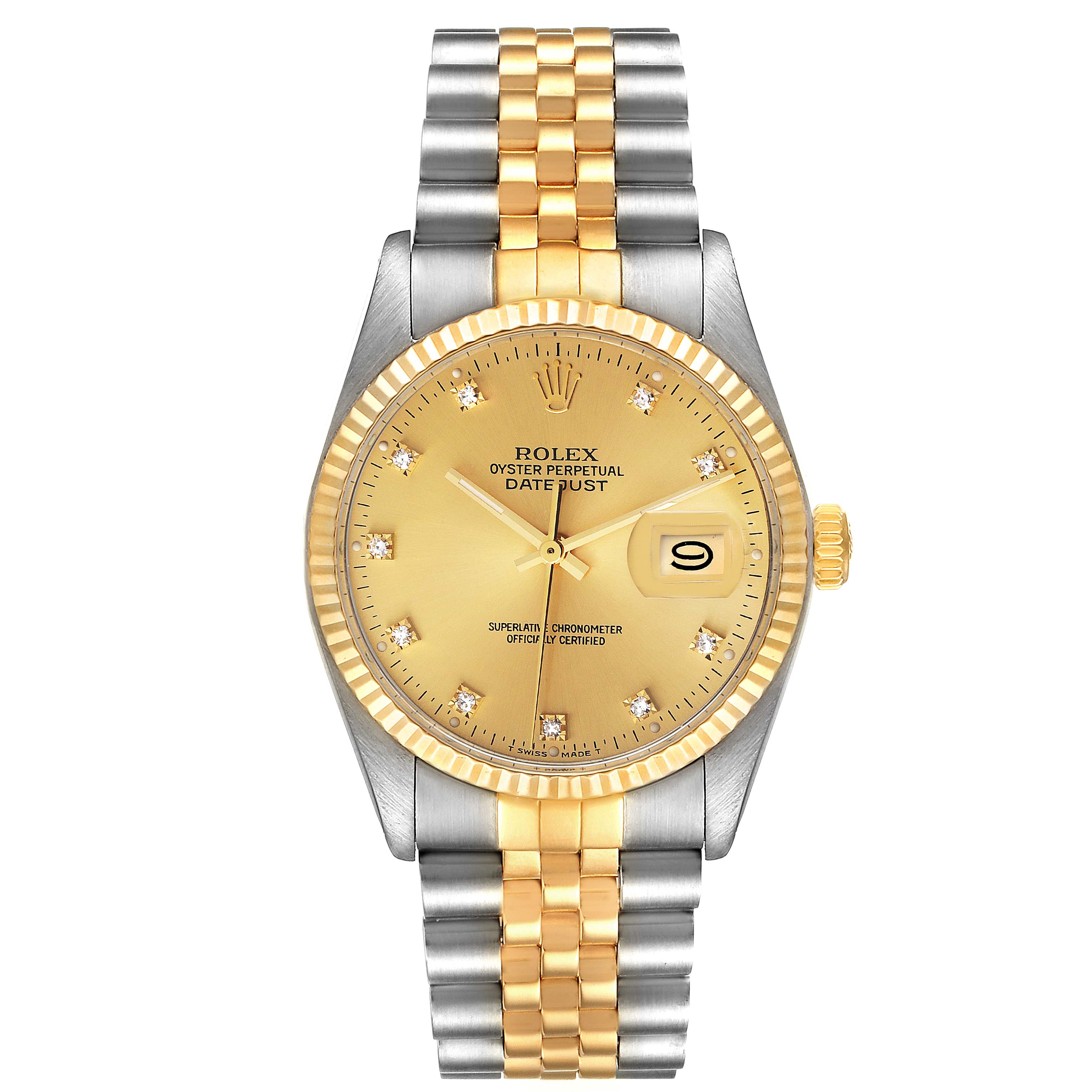 The image shows a front view of the Rolex Datejust 16013 Men
s Steel and Gold (two tone) Champagne Dial 16013 Men
s Steel and Gold (two tone) Champagne Dial watch, featuring its gold and silver bracelet, and gold dial with a date window.