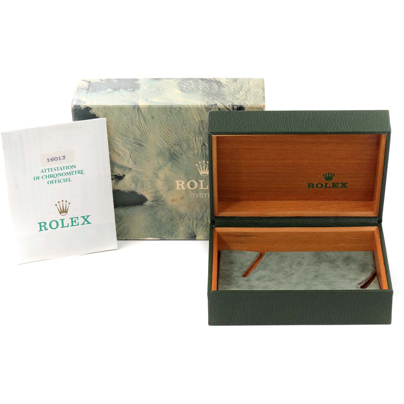 The image shows an open Rolex Datejust 16013 Men
s Steel and Gold (two tone) Champagne Dial 16013 Men
s Steel and Gold (two tone) Champagne Dial watch box, its outer box, and a certificate booklet.