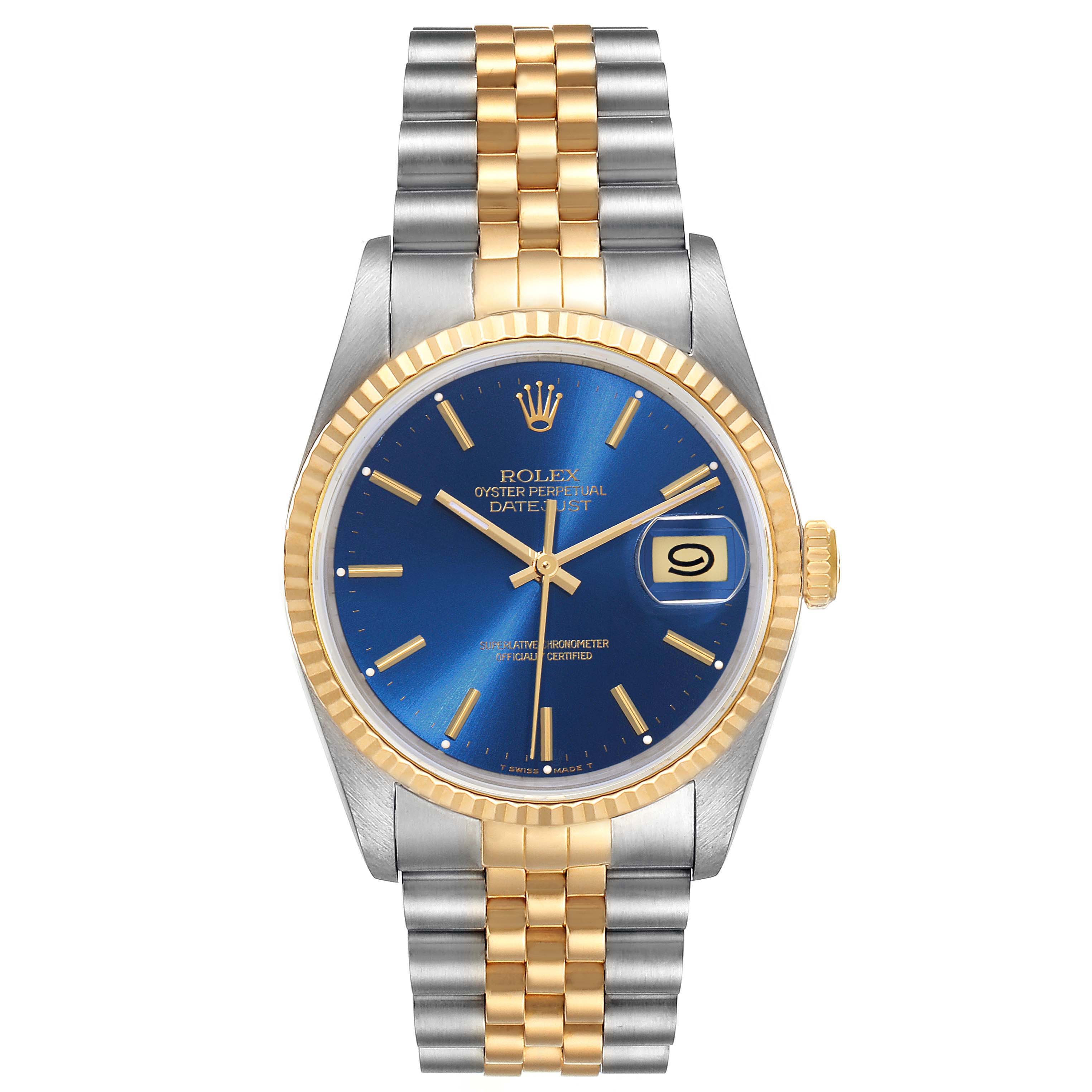 This image shows a front view of a Rolex Datejust 16233 Men's Steel and Gold (two tone) Blue Dial 16233 Men's Steel and Gold (two tone) Blue Dial watch featuring a two-tone metal bracelet and a blue dial with a date window.