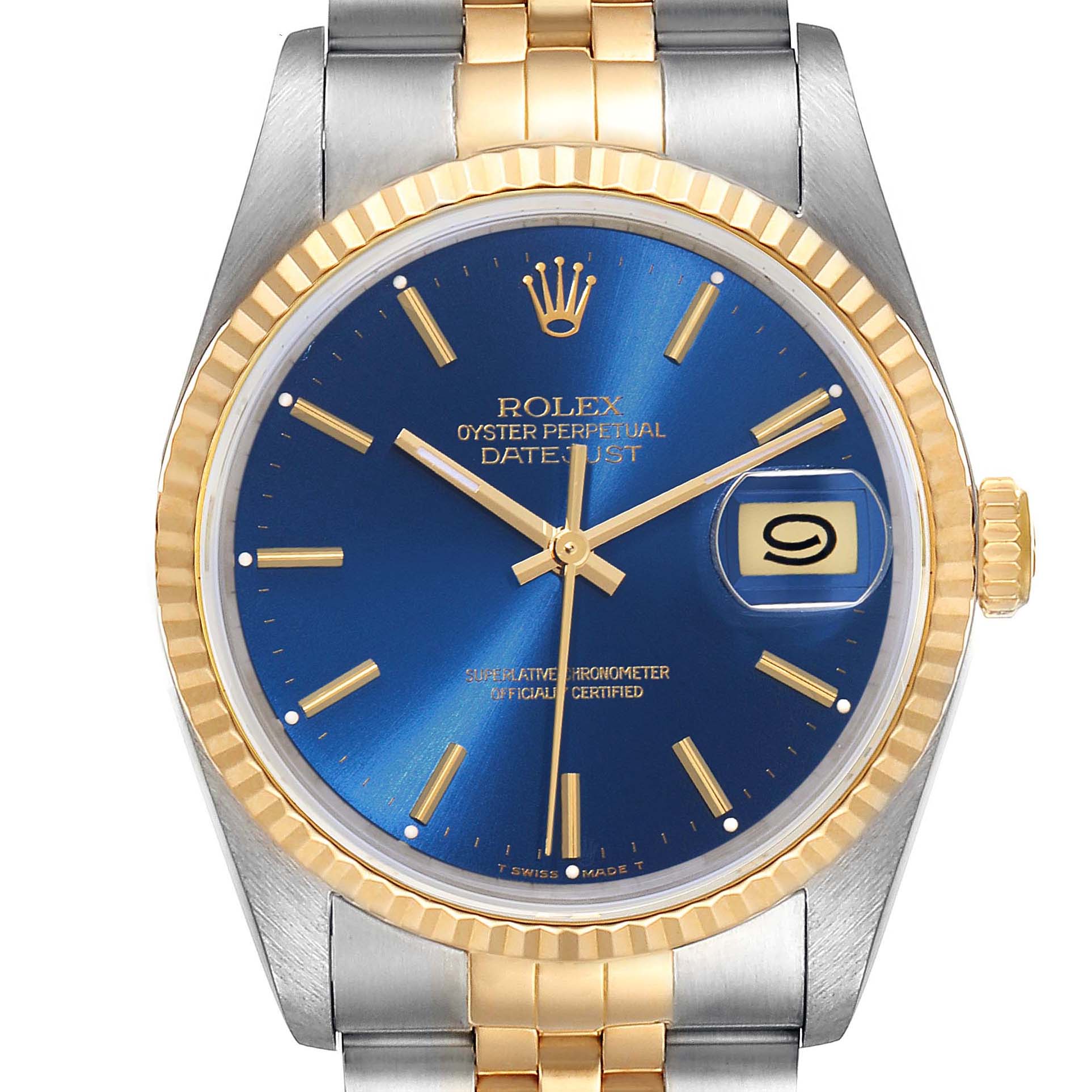The image shows a Rolex Datejust 16233 Men's Steel and Gold (two tone) Blue Dial 16233 Men's Steel and Gold (two tone) Blue Dial watch from a front angle, displaying the blue dial, gold bezel, and bi-metal bracelet.
