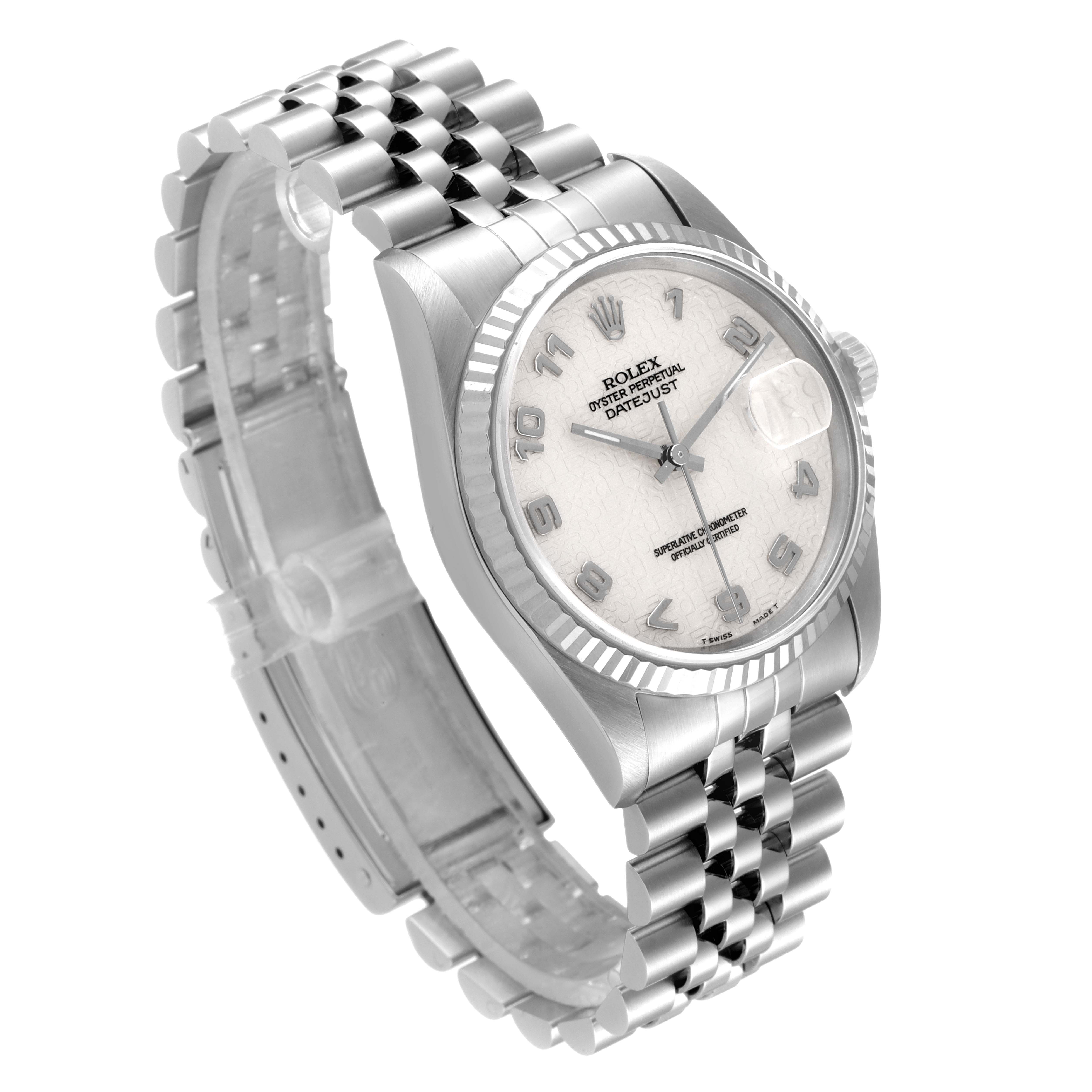 This Rolex Datejust 16234 Men's Stainless Steel Silver Dial 16234 Men's Stainless Steel Silver Dial watch is angled to show the dial, bezel, crown, and partially opened Jubilee bracelet.