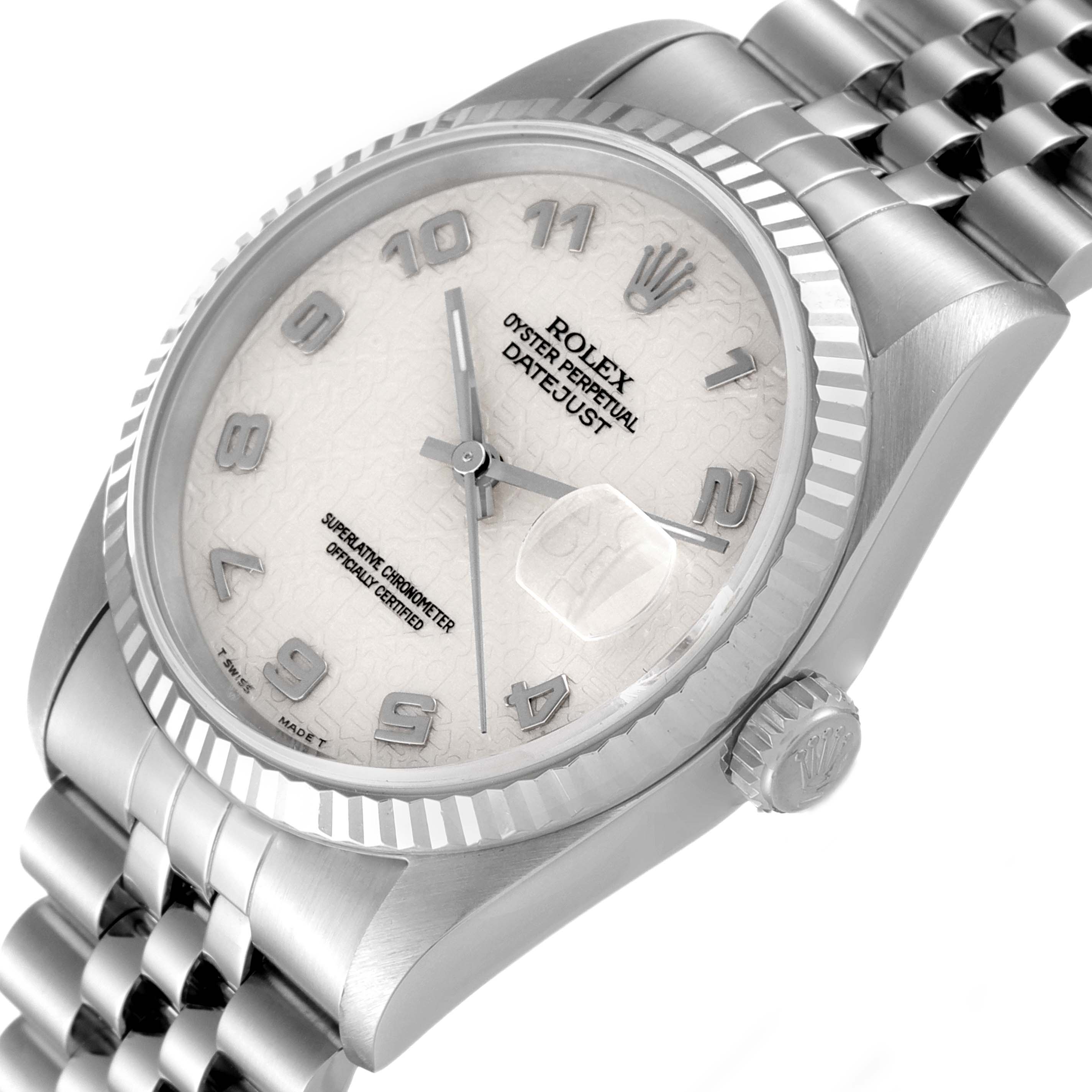 The image shows a close-up angle of a Rolex Datejust 16234 Men's Stainless Steel Silver Dial 16234 Men's Stainless Steel Silver Dial watch, displaying its dial, case, crown, and part of the bracelet.