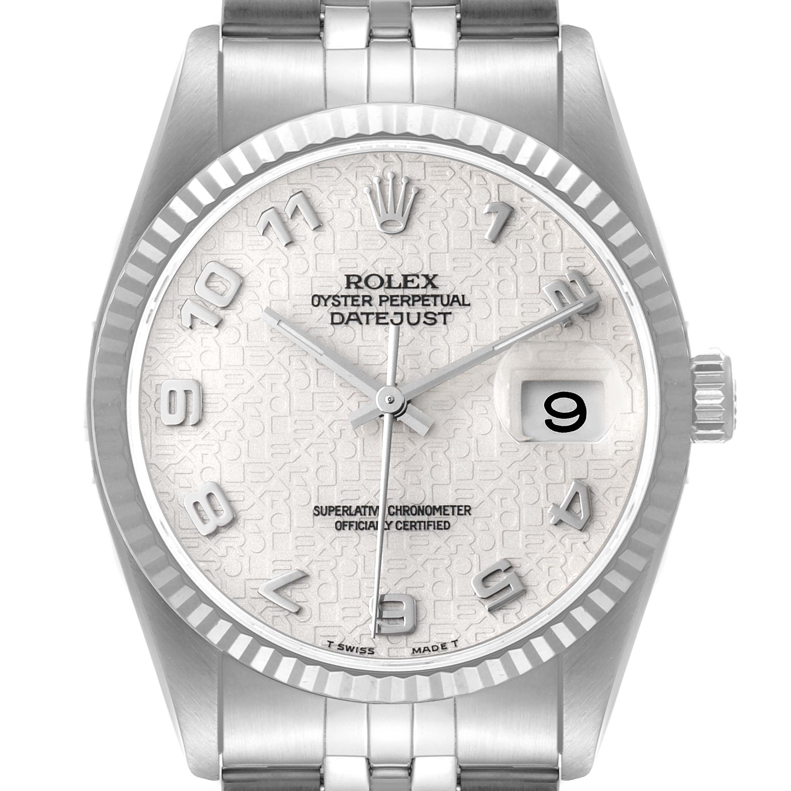 This image shows the Rolex Datejust 16234 Men's Stainless Steel Silver Dial 16234 Men's Stainless Steel Silver Dial watch from the front, including the dial, hands, bezel, and part of the bracelet.