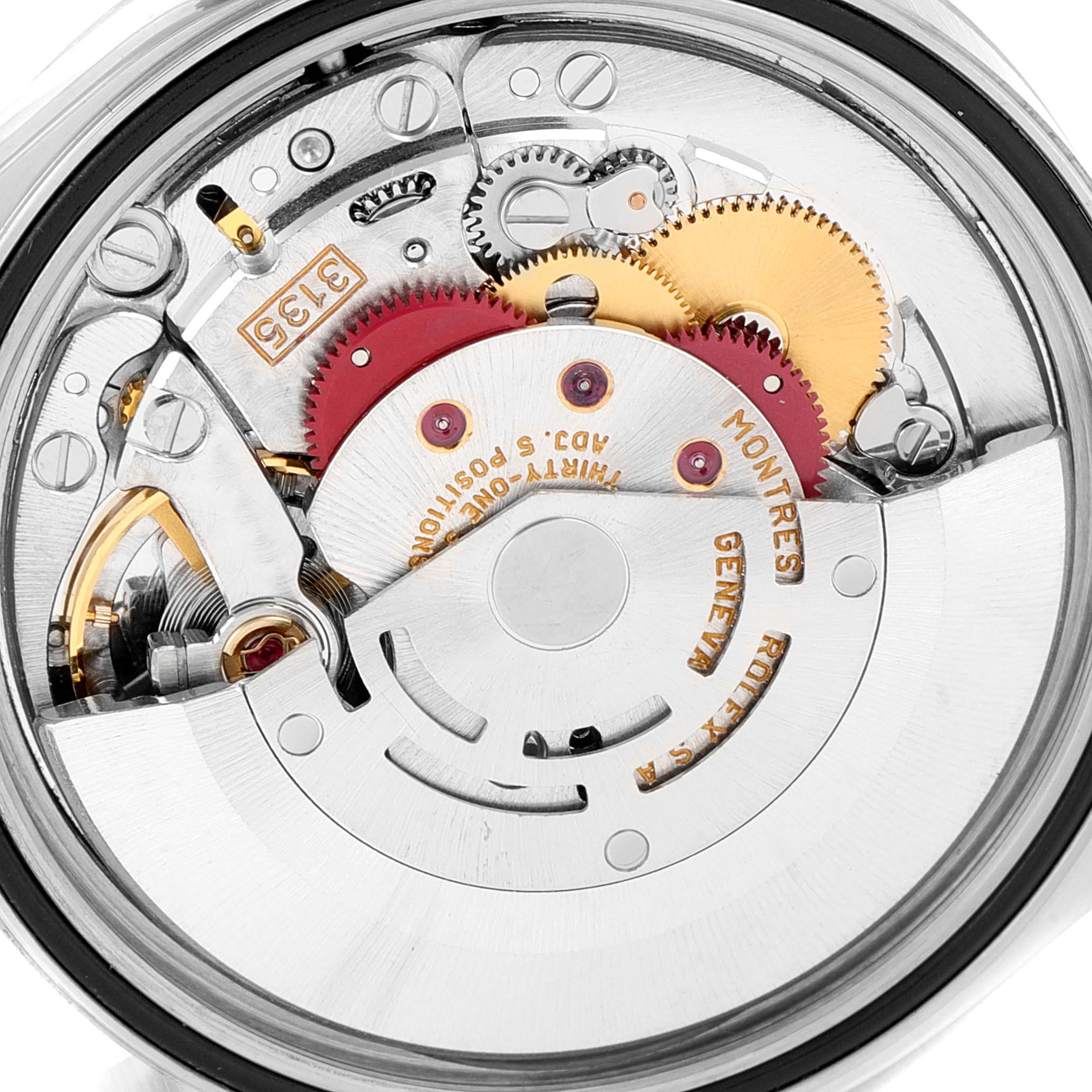 This close-up image shows the intricate inner mechanical movement of the Rolex Datejust 16234 Men's Stainless Steel Silver Dial 16234 Men's Stainless Steel Silver Dial watch.