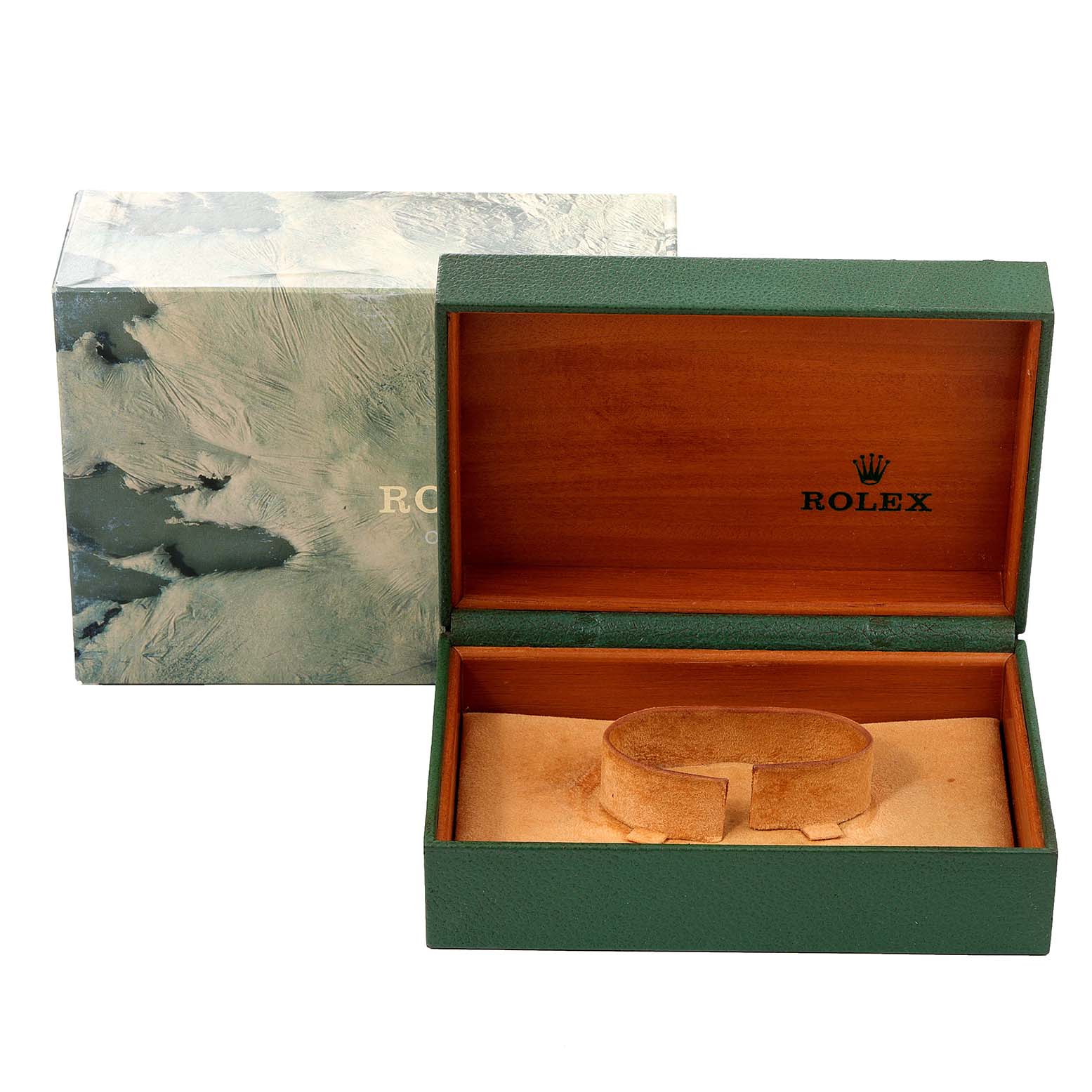 This image shows a Rolex Datejust 16234 Men's Stainless Steel Silver Dial 16234 Men's Stainless Steel Silver Dial watch box and cushion from a front angle.