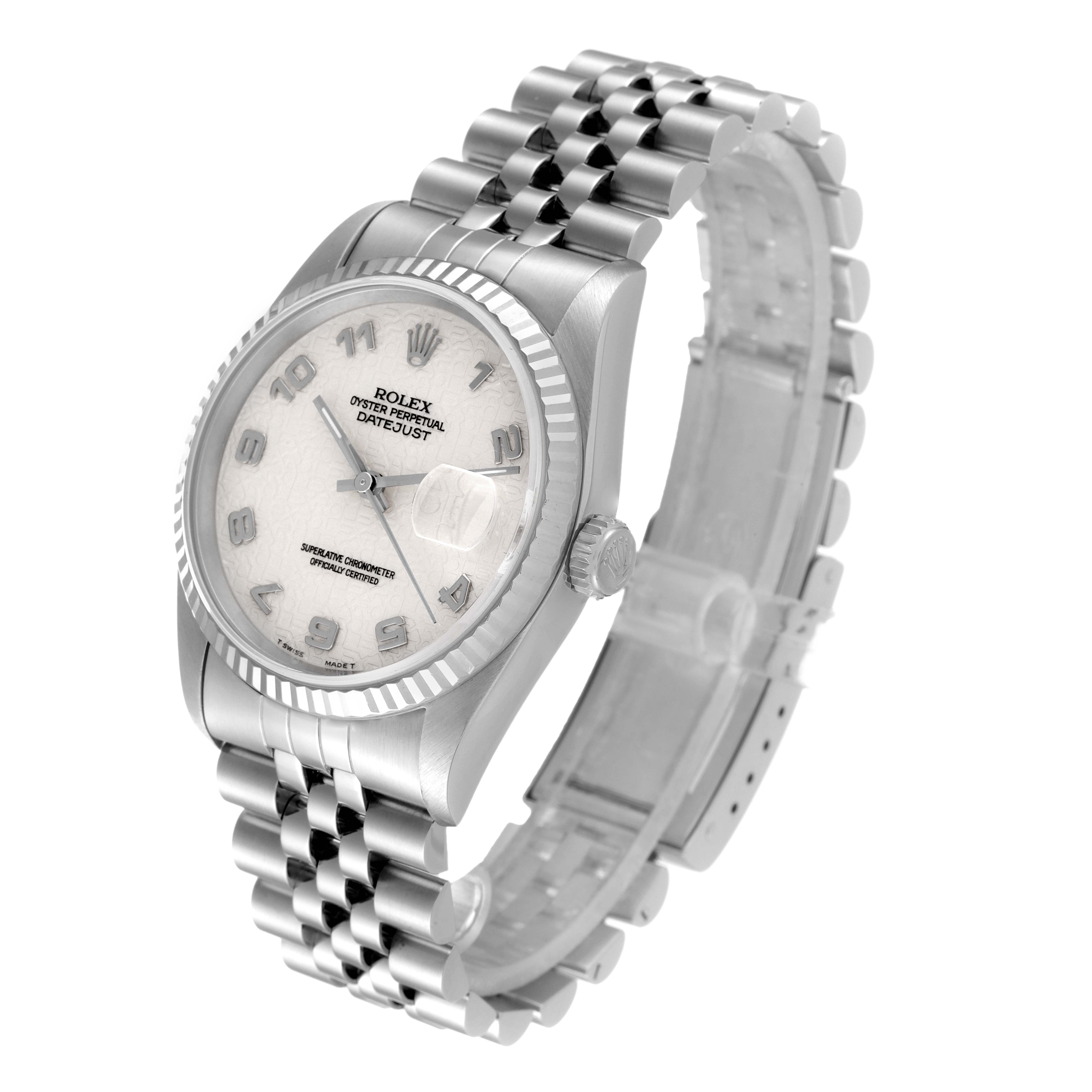 This image shows a Rolex Datejust 16234 Men's Stainless Steel Silver Dial 16234 Men's Stainless Steel Silver Dial watch angled slightly to display the face, bezel, crown, and bracelet.
