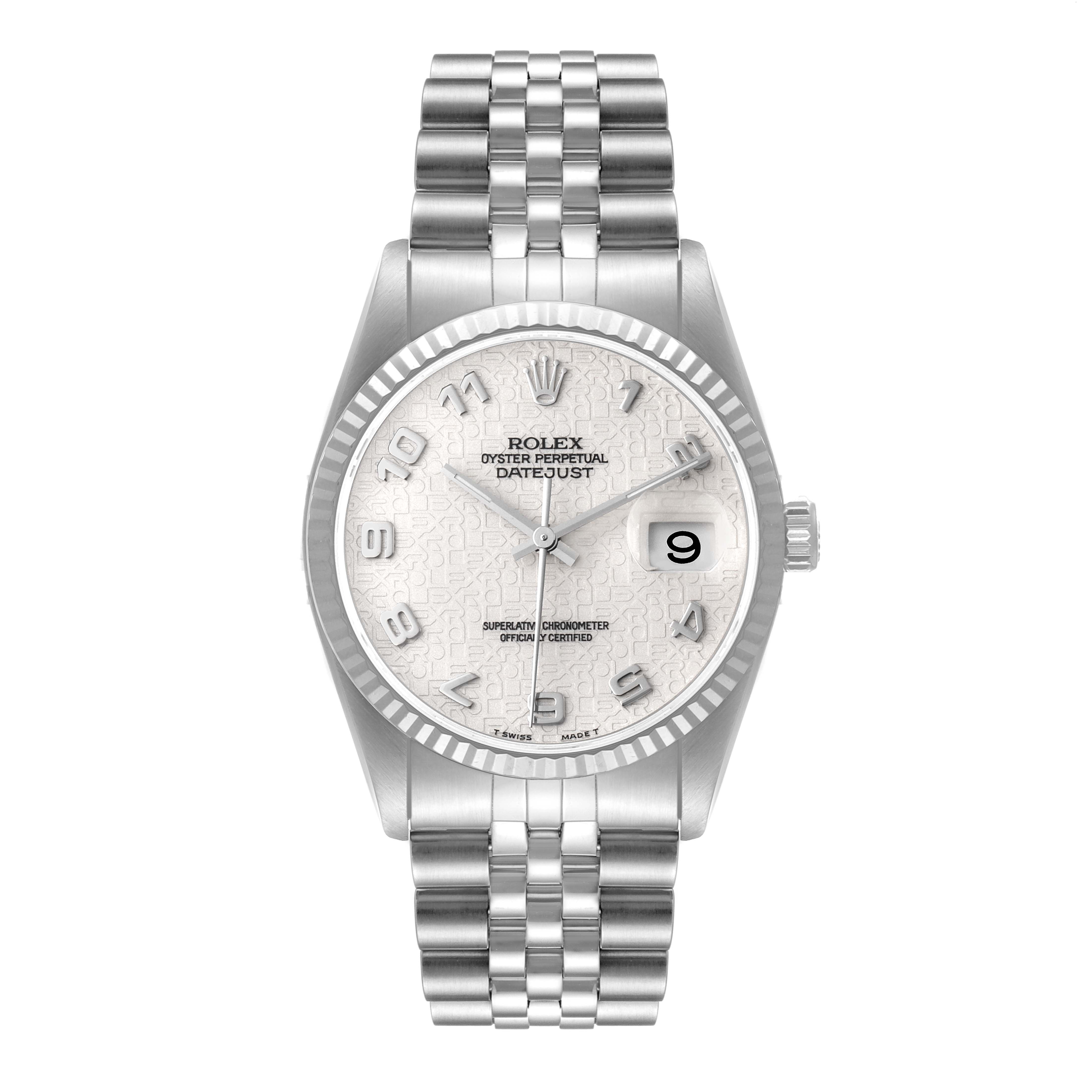 The image shows the Rolex Datejust 16234 Men's Stainless Steel Silver Dial 16234 Men's Stainless Steel Silver Dial watch from a straight-on angle, displaying the face, bezel, bracelet, and crown.