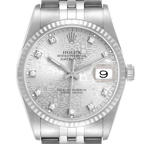 The Rolex Datejust 16234 Men's Stainless Steel Silver Dial watch is shown from the front, displaying the dial, fluted bezel, crown, and part of the bracelet.