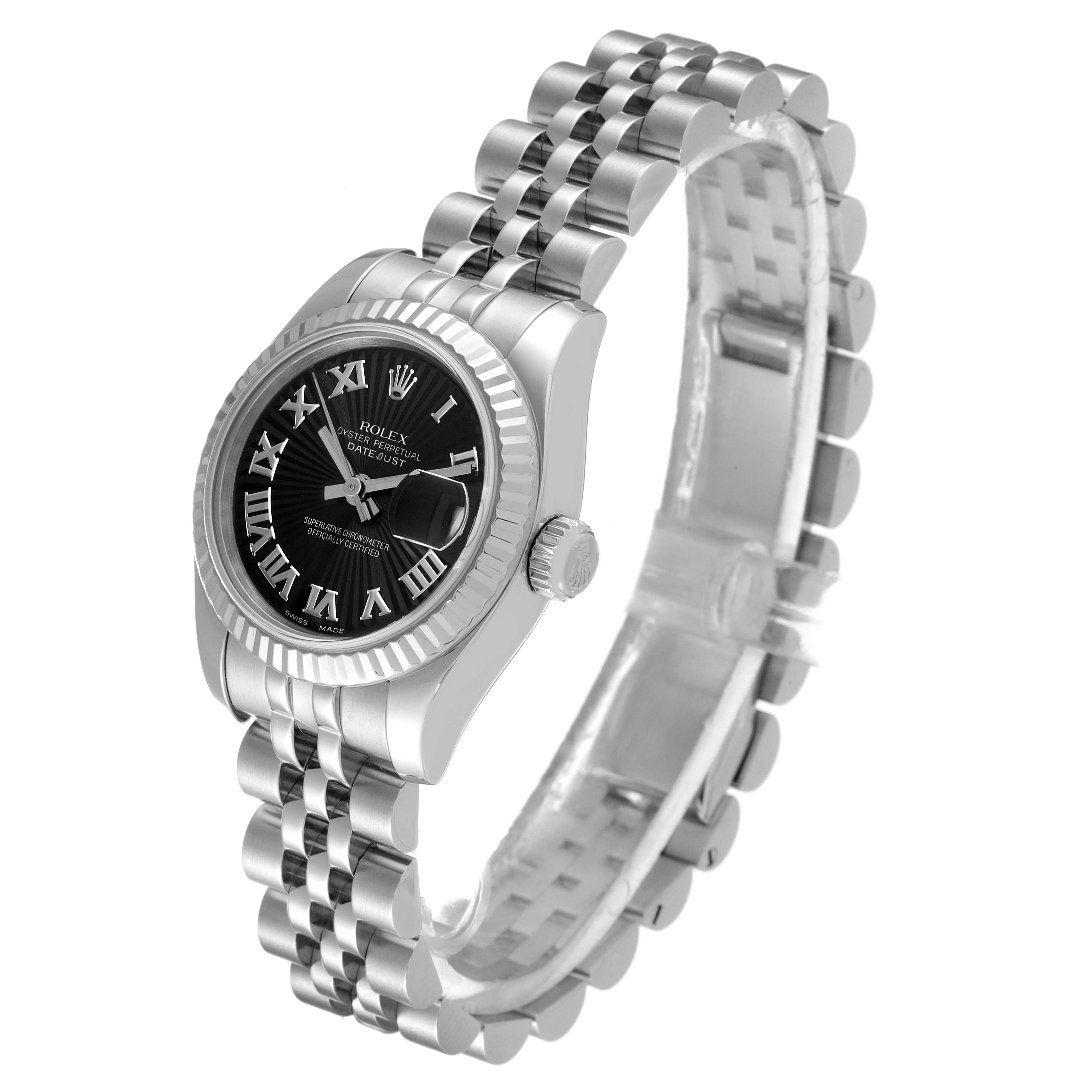 The Rolex Datejust 179174 Women's Stainless Steel Black Dial 179174 Women's Stainless Steel Black Dial watch is shown at an angle, displaying the dial, bezel, crown, and bracelet.