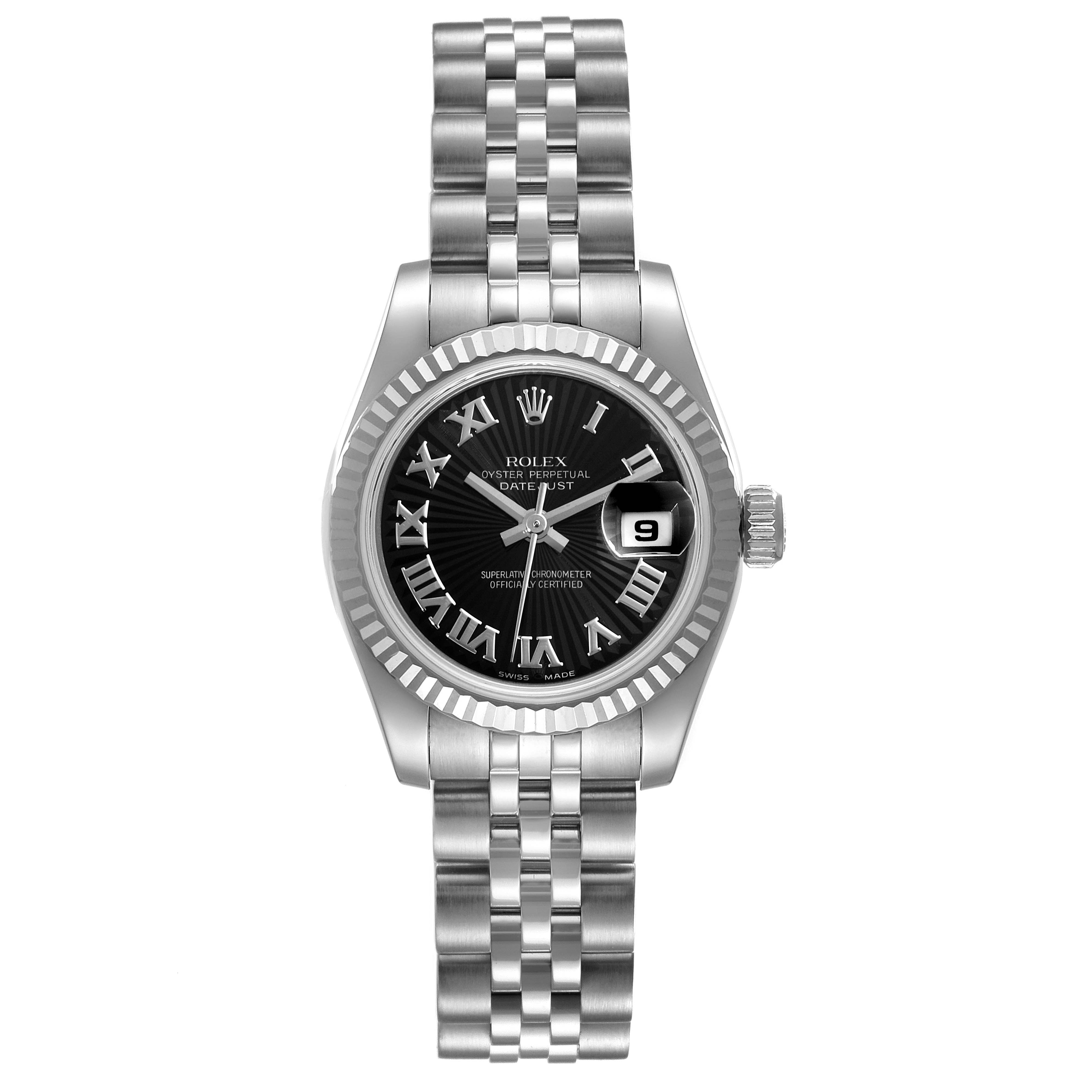 The image shows a front view of the Rolex Datejust 179174 Women's Stainless Steel Black Dial 179174 Women's Stainless Steel Black Dial, displaying its bracelet, black dial, and date window at 3 o'clock.